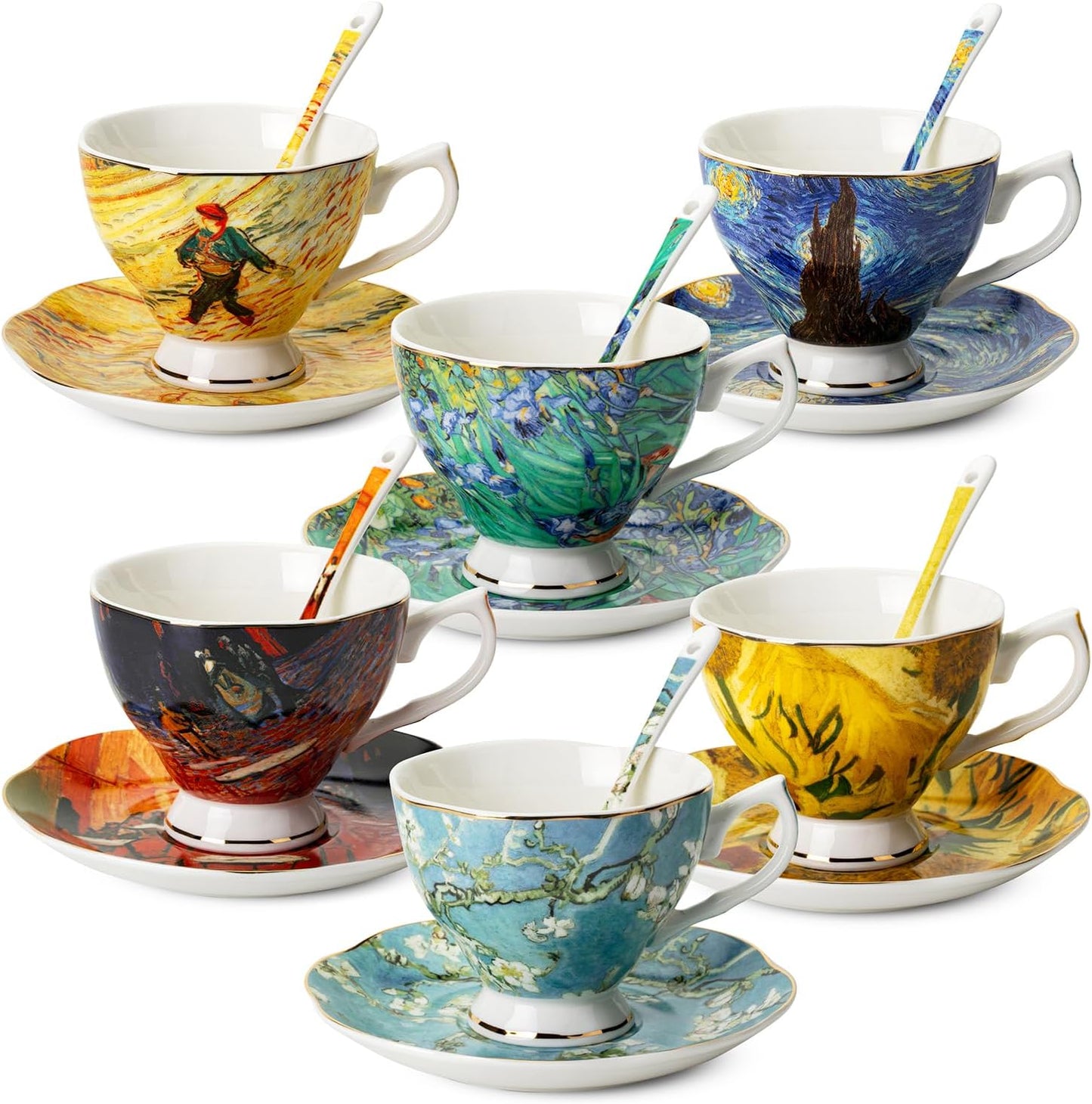 BTaT- Floral Tea Cups and Saucers Set of 6 (8 oz), Porcelain Tea Cups Set of 6, Pastel Flower Garden Design with Gold Trim, Dishwasher Safe