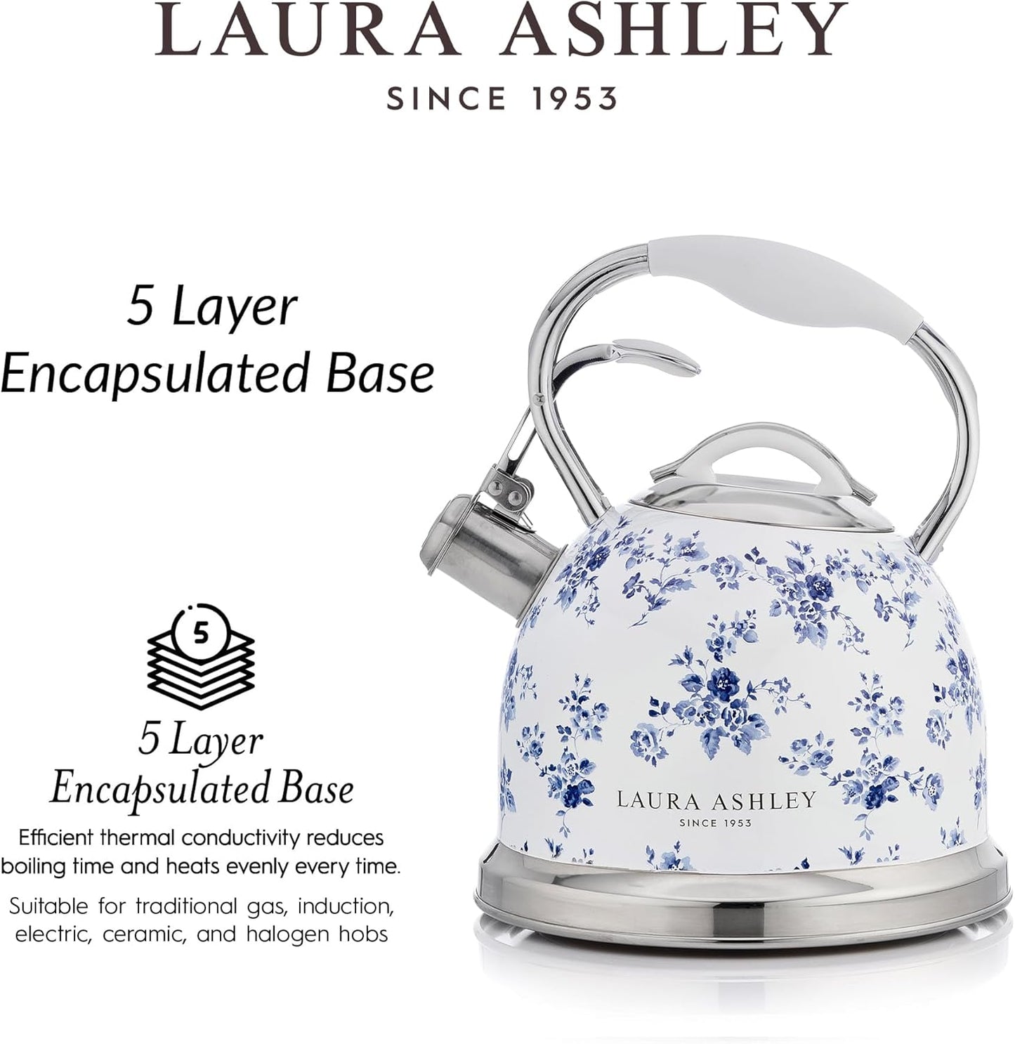 VQ Laura Ashley China Rose 3L Stainless Steel Tea Kettle Stovetop Whistling Teapot for Induction, Gas Hob or others. Silicon Coated Cool Handle & Push Button Mechanism Vintage Stove Top Kettle