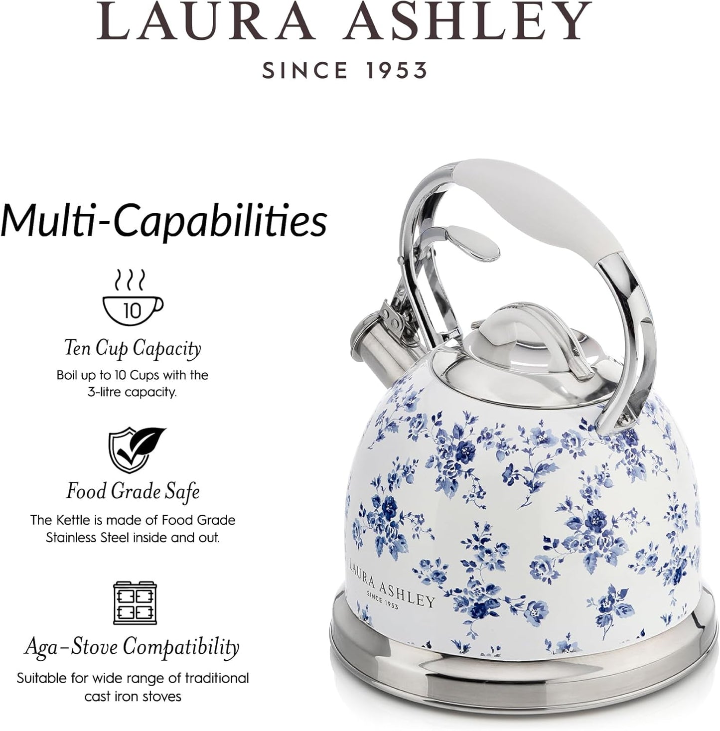 VQ Laura Ashley China Rose 3L Stainless Steel Tea Kettle Stovetop Whistling Teapot for Induction, Gas Hob or others. Silicon Coated Cool Handle & Push Button Mechanism Vintage Stove Top Kettle