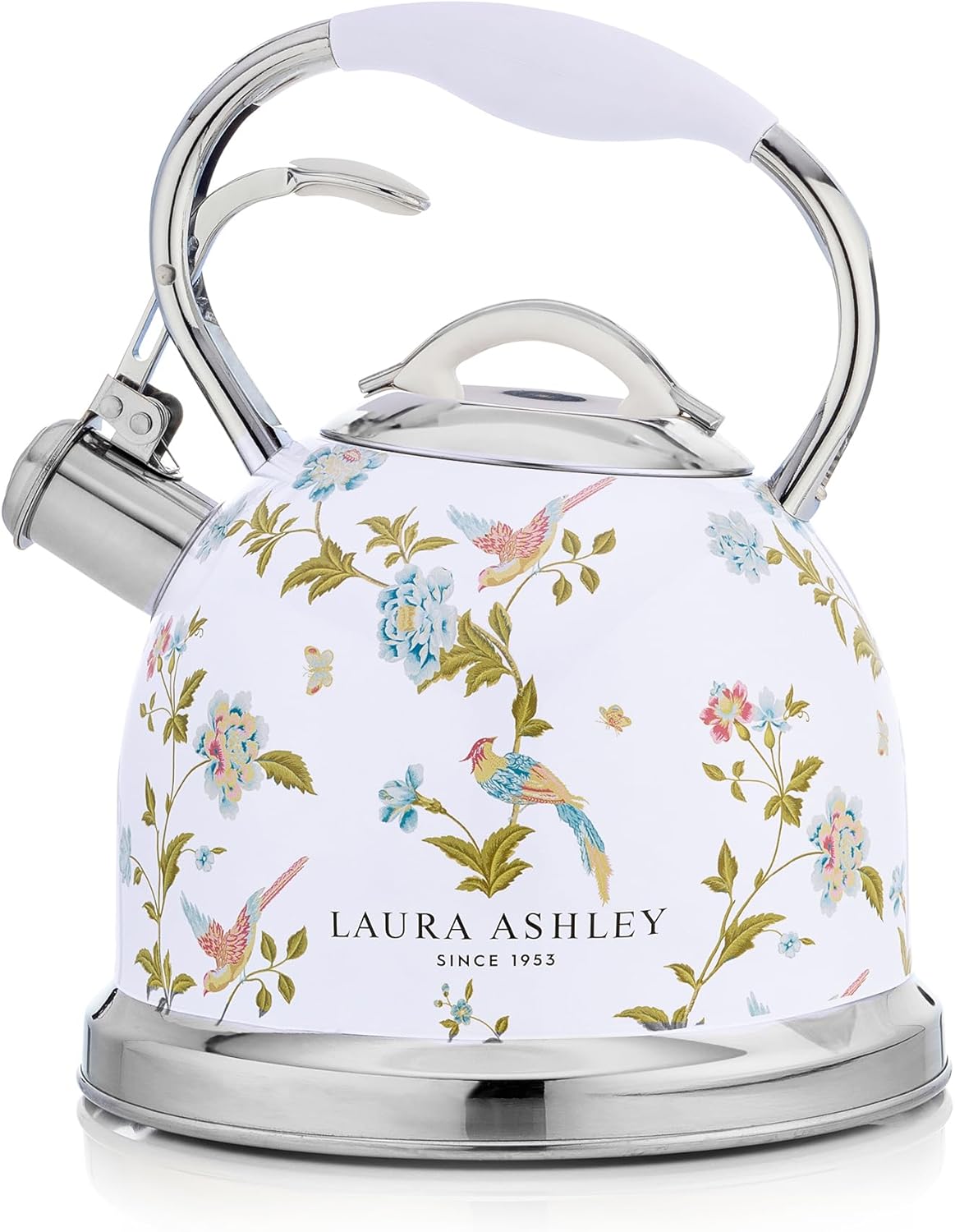 VQ Laura Ashley China Rose 3L Stainless Steel Tea Kettle Stovetop Whistling Teapot for Induction, Gas Hob or others. Silicon Coated Cool Handle & Push Button Mechanism Vintage Stove Top Kettle