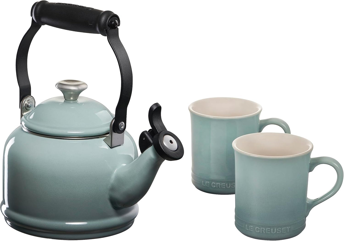 Le Creuset Enamel On Steel Demi Kettle with Metal Finishes & Stoneware Set of 2 Mugs, 1.25 qt. Kettle & (2) 14 oz. Mugs, Artichaut