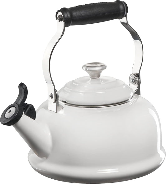 Le Creuset Enamel On Steel Whistling Tea Kettle with Metal Finishes, 1.7 qt., White