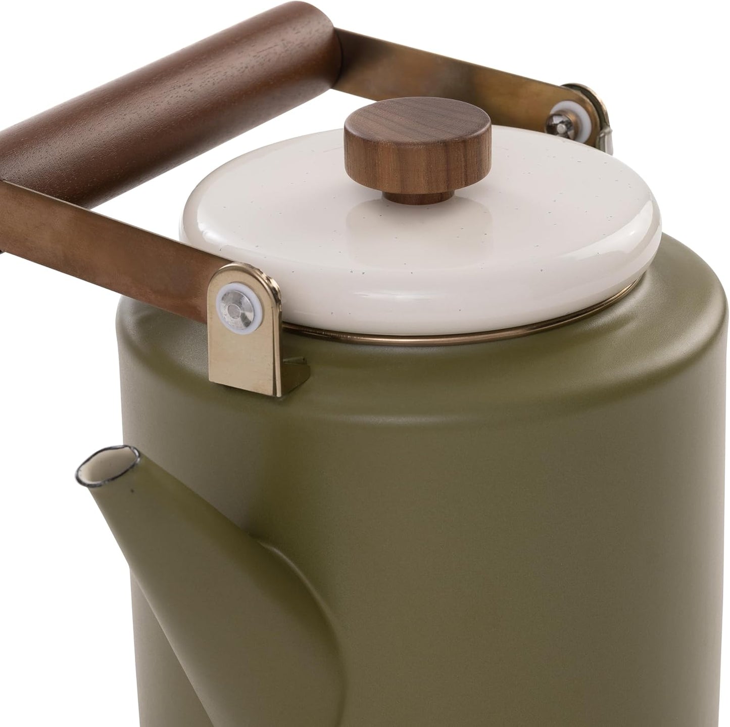 Barebones 2-Tone Enamel Teapot - Vintage Inspired Design - Baked Stainless Steel Rim - FSC Certified Natural Walnut Handle Tea Kettle - 1.5 Liters, 6 Cups (Olive Drab)