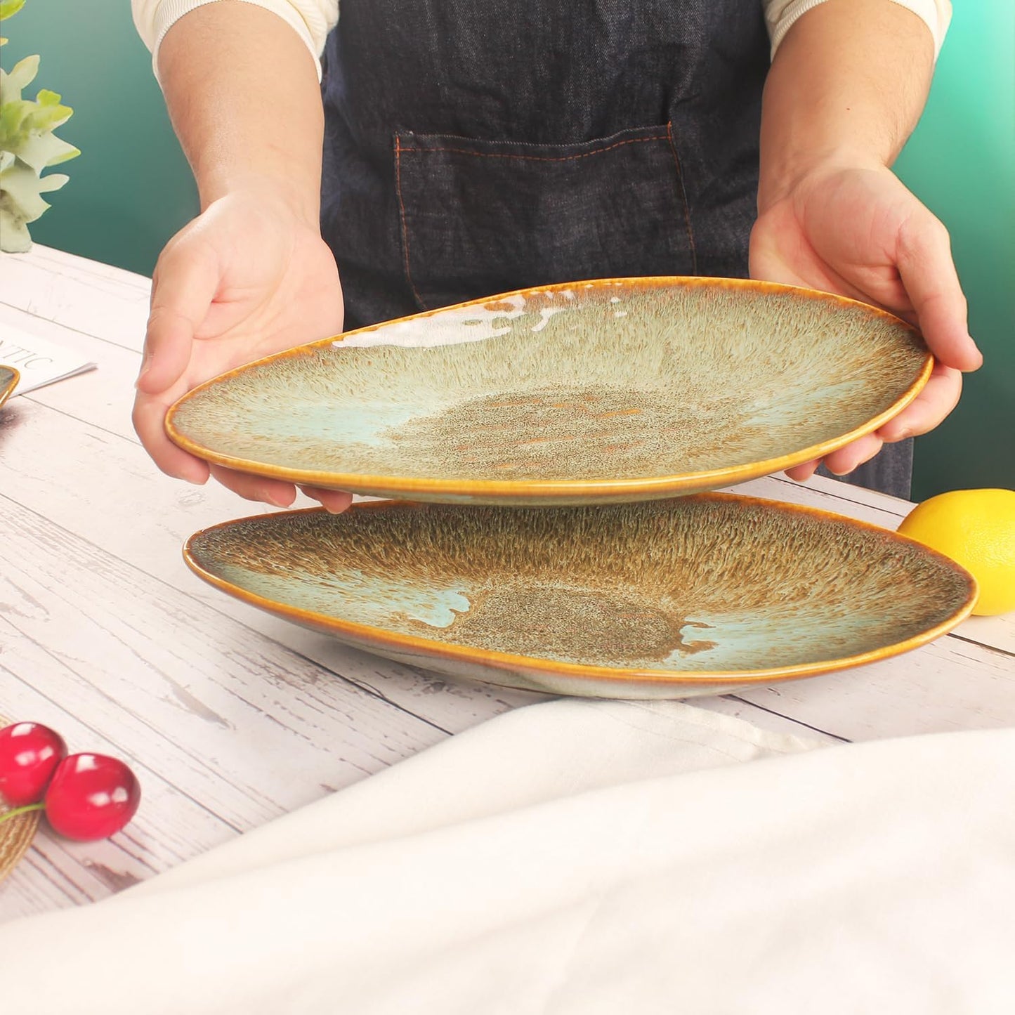 Ceramic Dinner Plates Set of 4, for Bread, Pasta, Salad, sushi - Microwave, Oven and Dishwasher Safe, Scratch Resistant durable Brown Brown reactive glaze