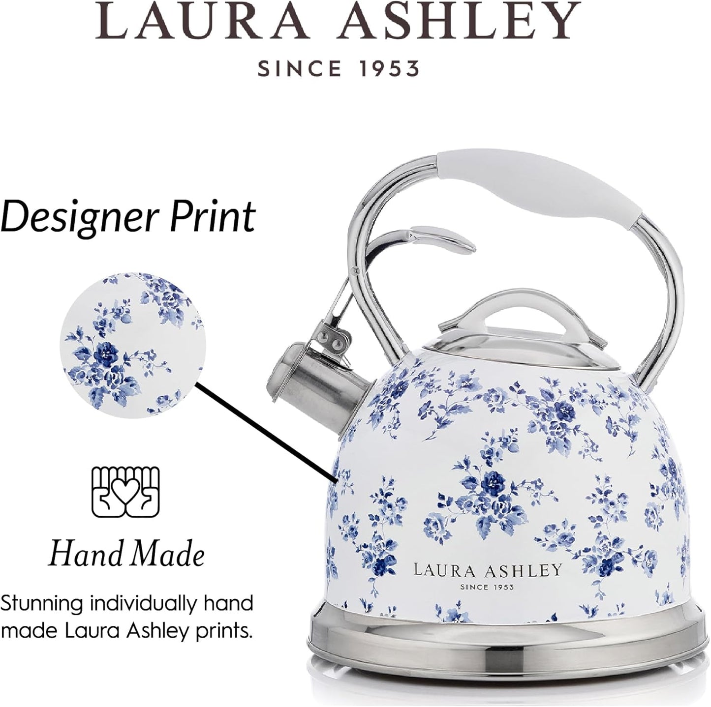 VQ Laura Ashley China Rose 3L Stainless Steel Tea Kettle Stovetop Whistling Teapot for Induction, Gas Hob or others. Silicon Coated Cool Handle & Push Button Mechanism Vintage Stove Top Kettle