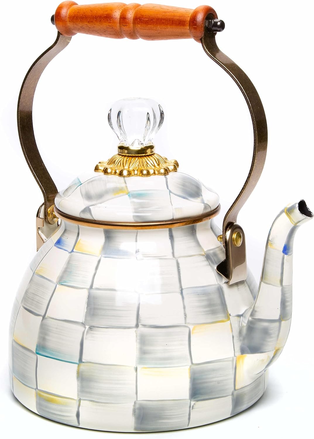 MACKENZIE-CHILDS Enamel Tea Kettle, Stylish Tea Kettle for Stovetop, Black-and-White Courtly Check, 2 Quarts