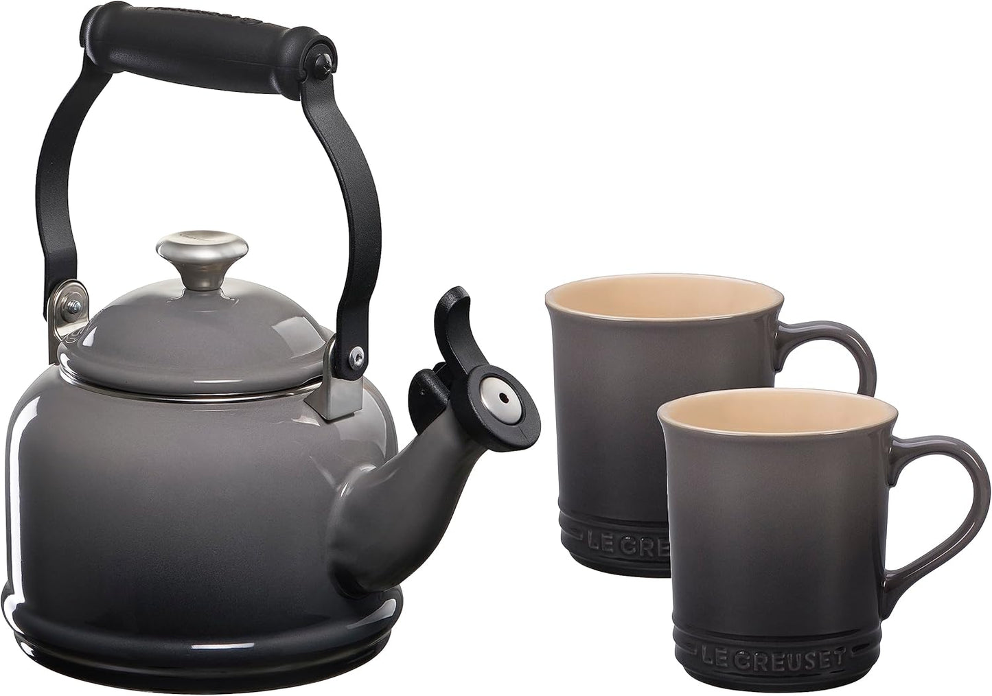 Le Creuset Enamel On Steel Demi Kettle with Metal Finishes & Stoneware Set of 2 Mugs, 1.25 qt. Kettle & (2) 14 oz. Mugs, Artichaut
