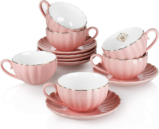 Amazingware Royal Tea Cups and Saucers, with Gold Trim and Gift Box, British Coffee Cups, Porcelain Tea Set, Set of 6 (8 oz)- Pink
