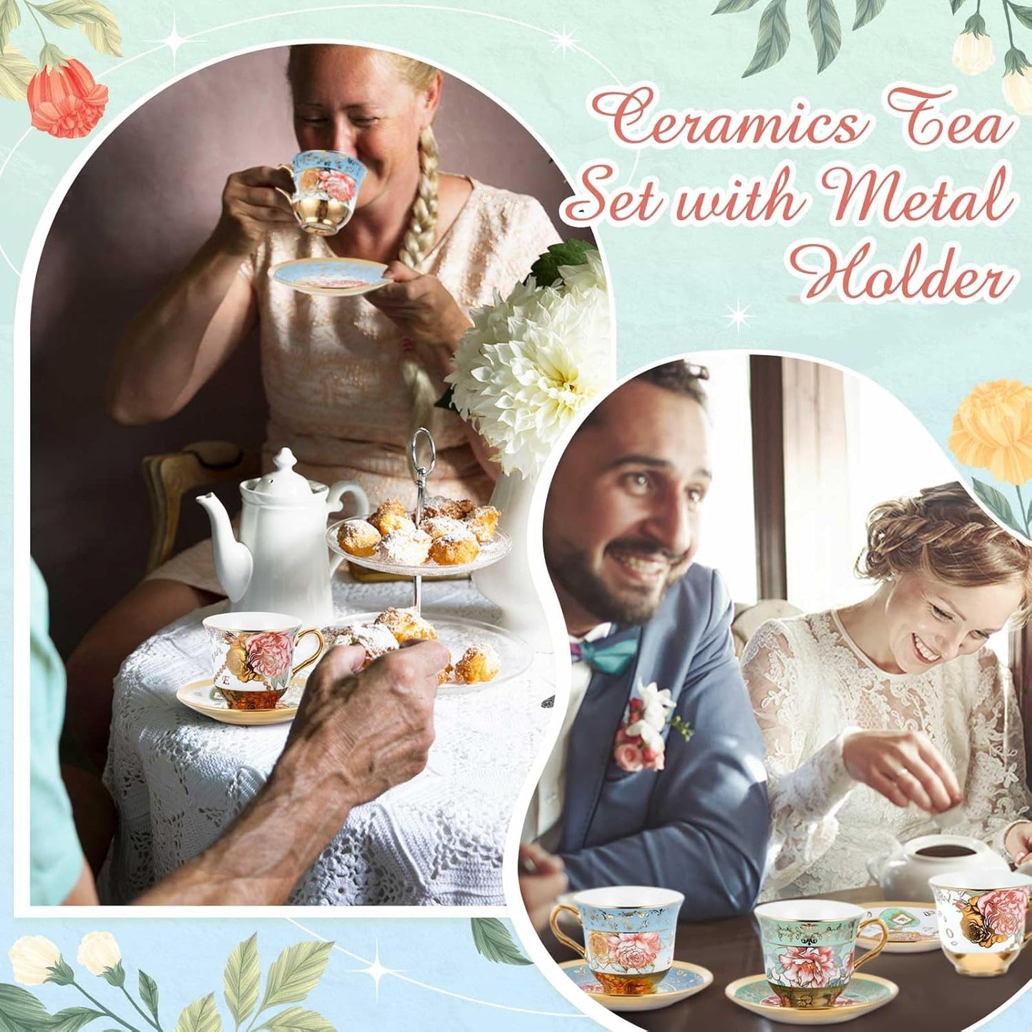 Set of 12 Tea Cups and Saucers Tea Party Decorations Floral Porcelain 5.4 oz British Gift for Women Birthday Party, Church, and Mother's Day (Classic Style)