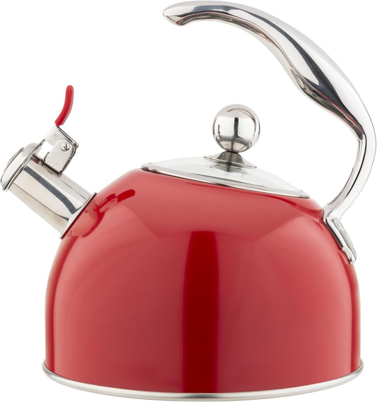Viking 3-Ply Stainless Steel Tea Kettle, 2.6 Quart, Whistling Hot Water Tea Pot for Stovetop, Tempered Glass Lid and Ergonomic Handle, Induction Ready, Red