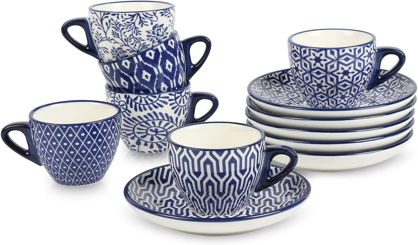 Selamica Ceramic 8 oz Cappuccino Cup Set with Saucers, Espresso Coffee Cups, Latte Macchiato for Party Cafe Home, Set of 6, Vintage Blue