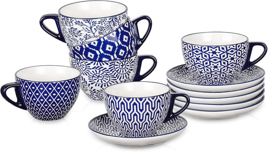 Selamica Ceramic 8 oz Cappuccino Cup Set with Saucers, Espresso Coffee Cups, Latte Macchiato for Party Cafe Home, Set of 6, Vintage Blue
