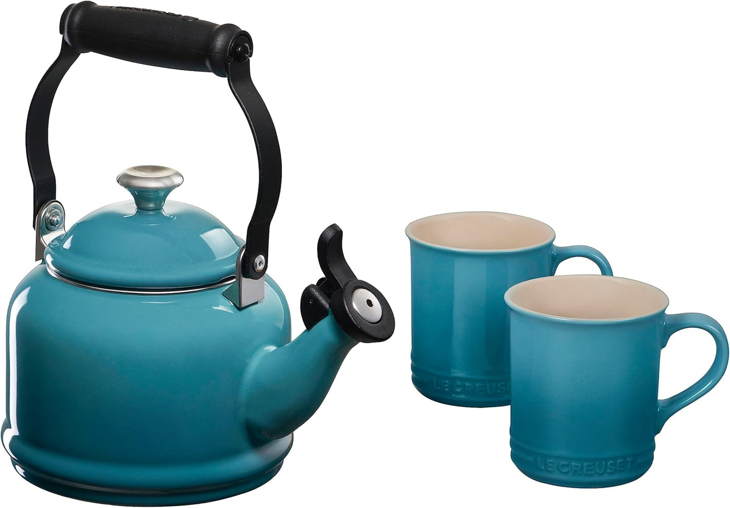 Le Creuset Enamel On Steel Demi Kettle with Metal Finishes & Stoneware Set of 2 Mugs, 1.25 qt. Kettle & (2) 14 oz. Mugs, Artichaut