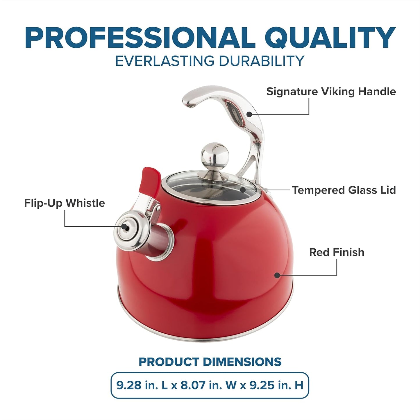 Viking 3-Ply Stainless Steel Tea Kettle, 2.6 Quart, Whistling Hot Water Tea Pot for Stovetop, Tempered Glass Lid and Ergonomic Handle, Induction Ready, Red