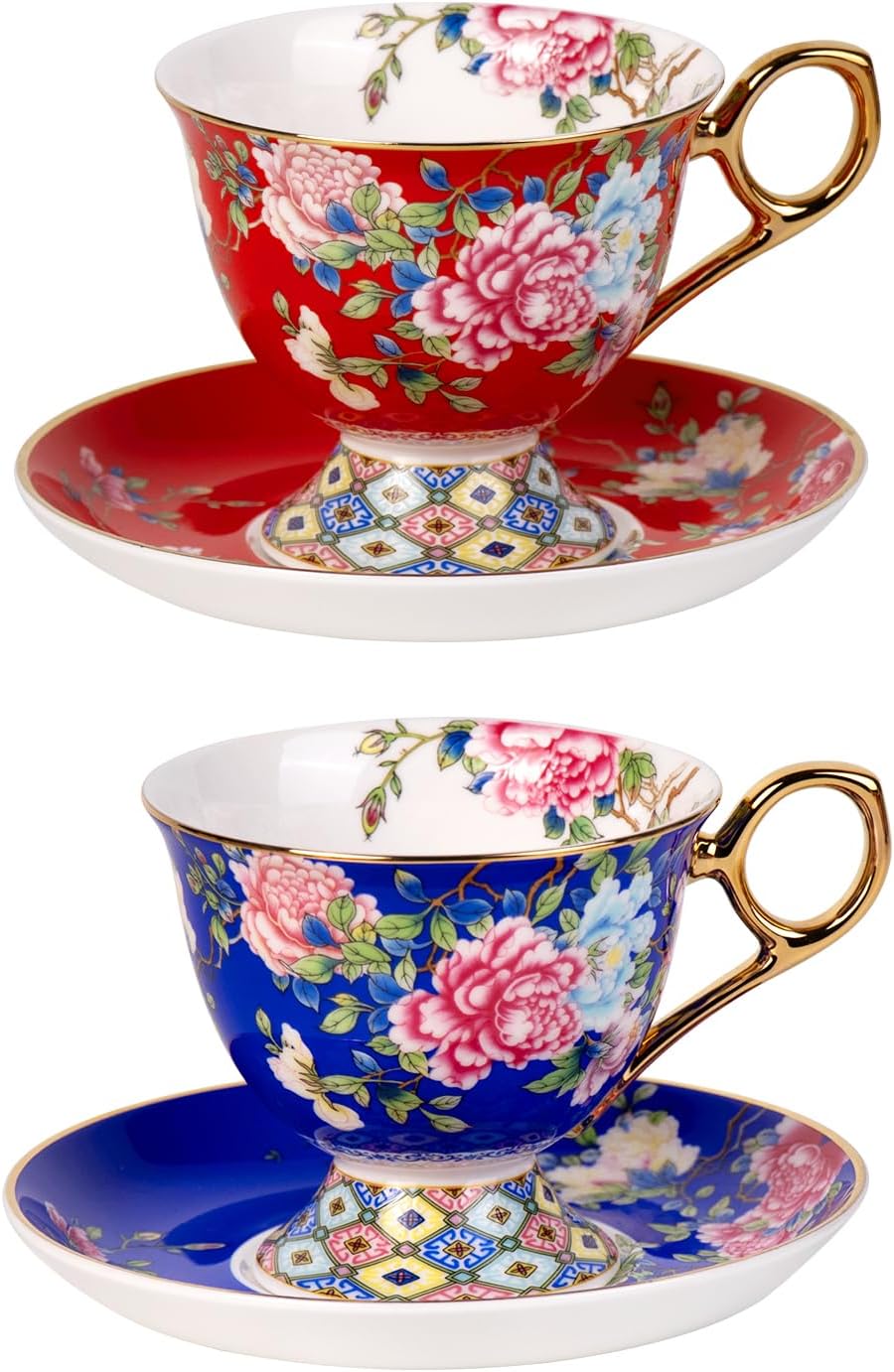 KAMMAK Tea Cups and Saucers Set of 2, Porcelain Coffee Cups with Saucer for Espresso, Cappuccino, 7.5oz Red and Blue Ceramic Demitasse Mug for Home, Tea Party, Office