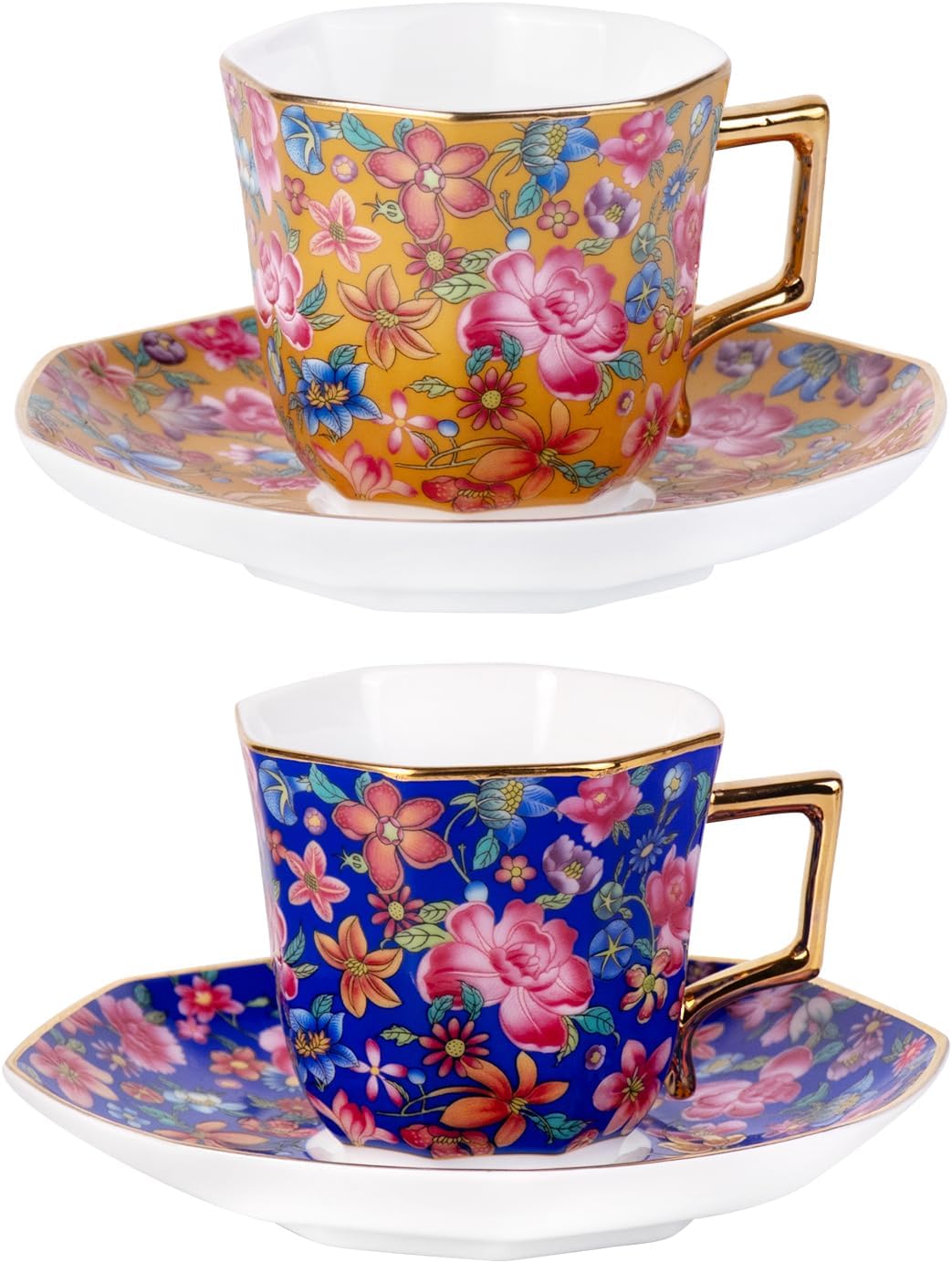 KAMMAK Tea Cups and Saucers Set of 2, Porcelain Coffee Cups with Saucer for Espresso, Cappuccino, 7.5oz Red and Blue Ceramic Demitasse Mug for Home, Tea Party, Office