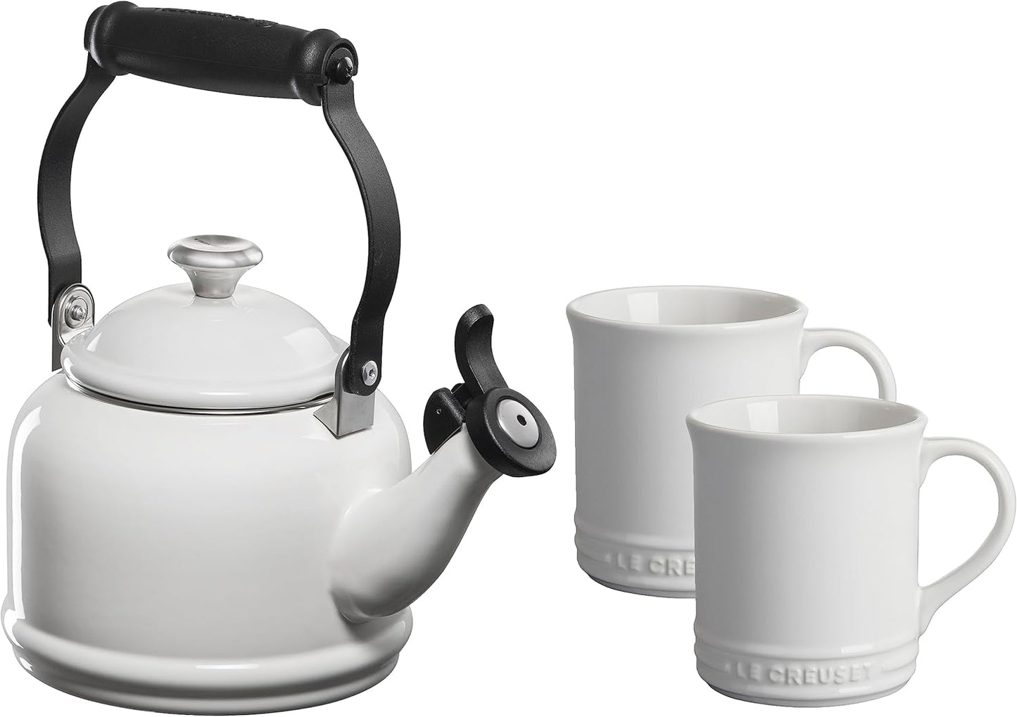 Le Creuset Enamel On Steel Demi Kettle with Metal Finishes & Stoneware Set of 2 Mugs, 1.25 qt. Kettle & (2) 14 oz. Mugs, Artichaut