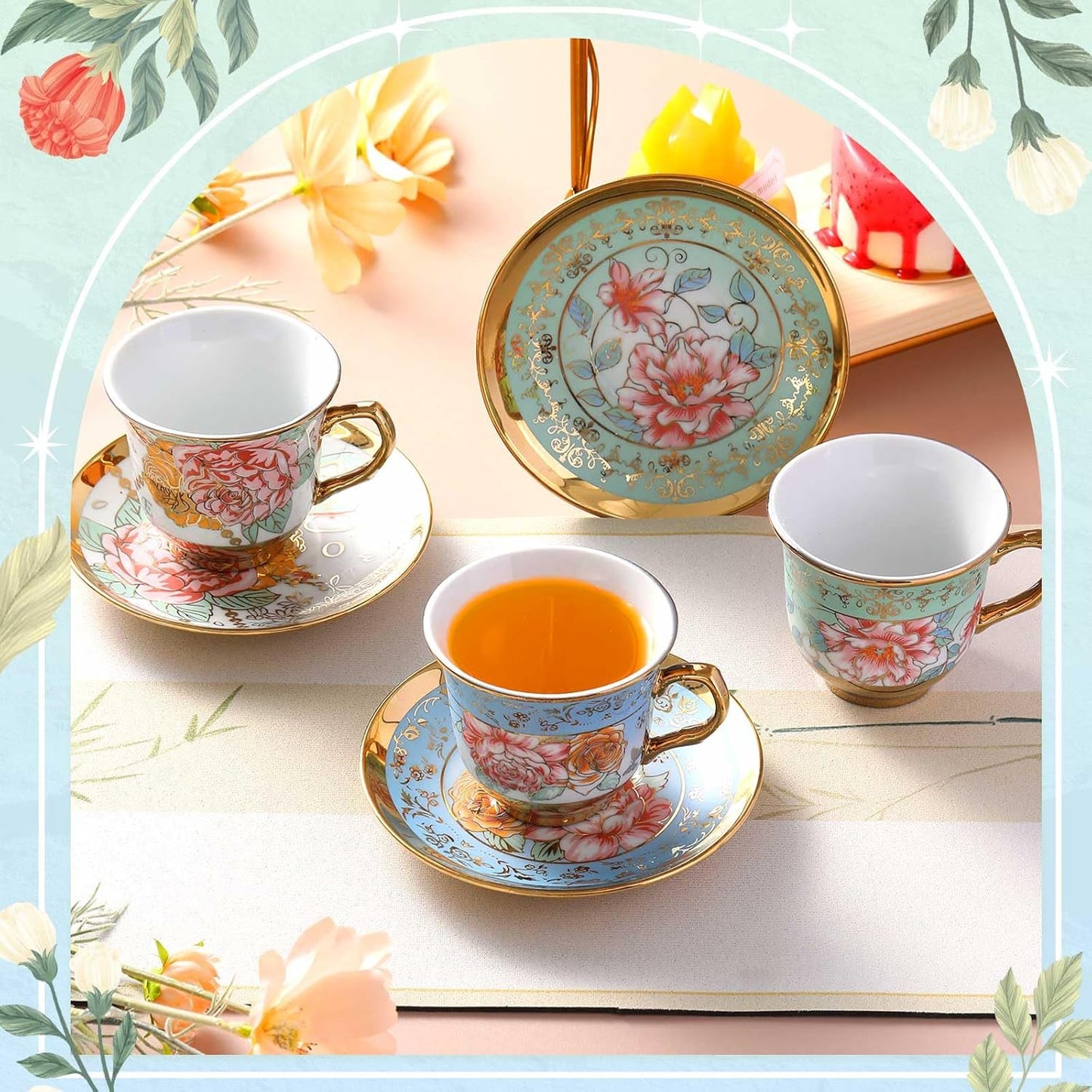 Set of 12 Tea Cups and Saucers Tea Party Decorations Floral Porcelain 5.4 oz British Gift for Women Birthday Party, Church, and Mother's Day (Classic Style)