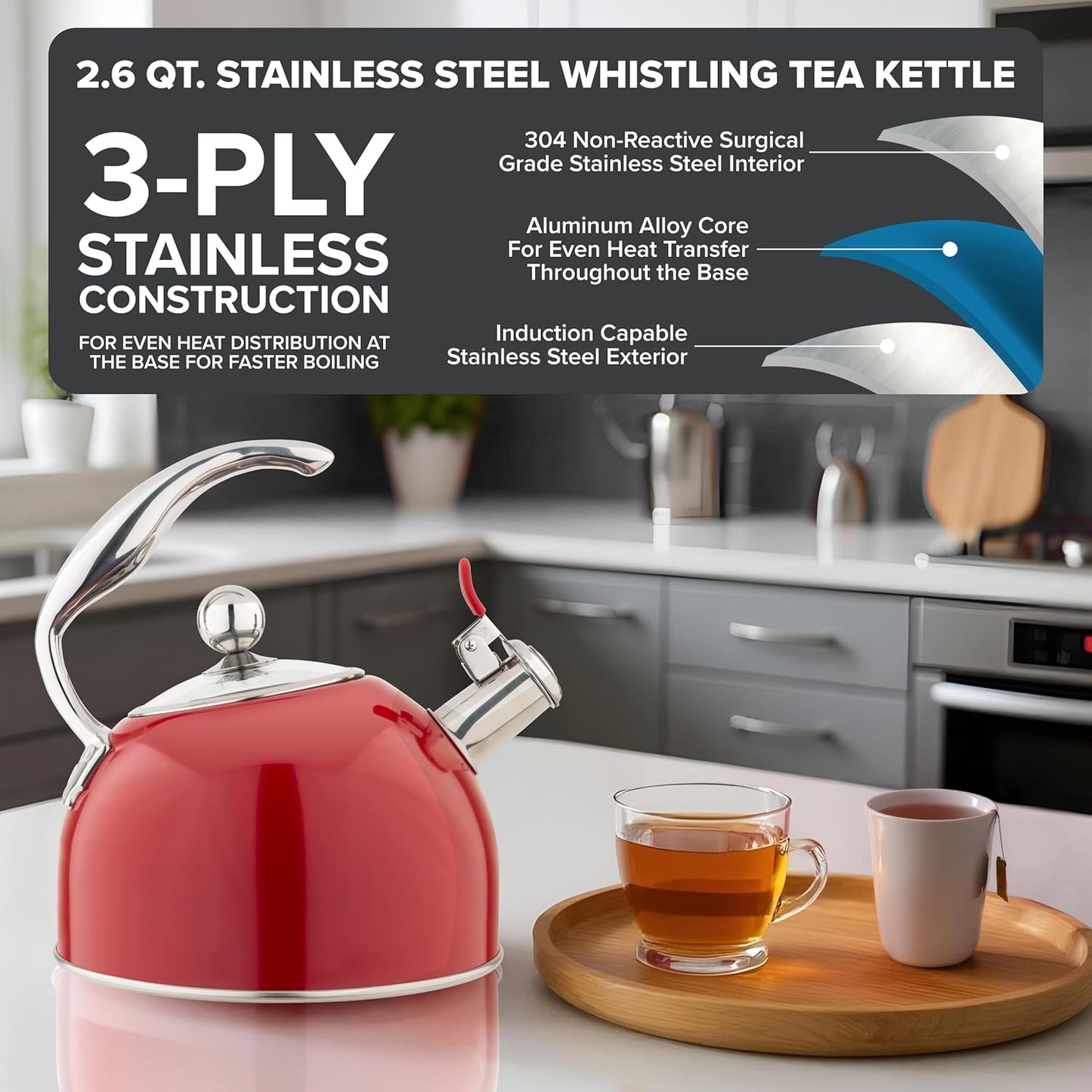 Viking 3-Ply Stainless Steel Tea Kettle, 2.6 Quart, Whistling Hot Water Tea Pot for Stovetop, Tempered Glass Lid and Ergonomic Handle, Induction Ready, Red