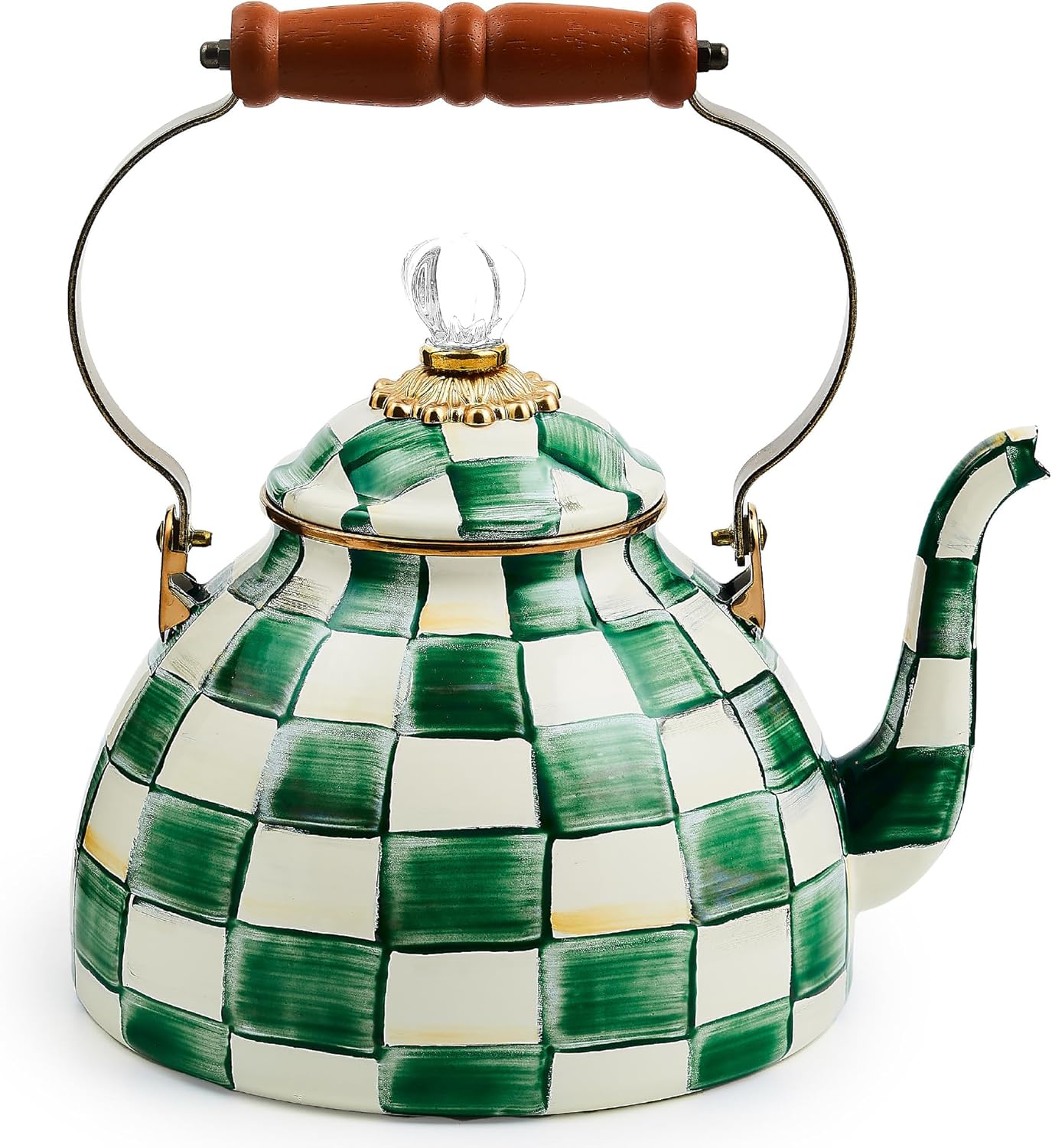 MACKENZIE-CHILDS Enamel Tea Kettle, Stylish Tea Kettle for Stovetop, Black-and-White Courtly Check, 2 Quarts