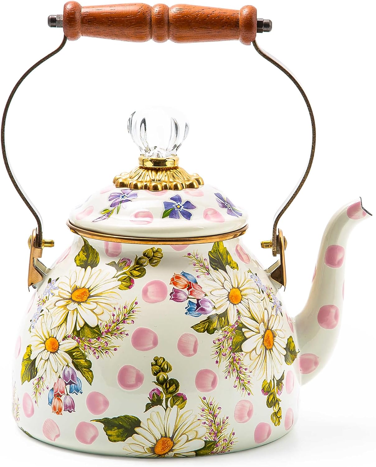 MACKENZIE-CHILDS Enamel Tea Kettle, Stylish Tea Kettle for Stovetop, White Flower Market, 2 Quarts