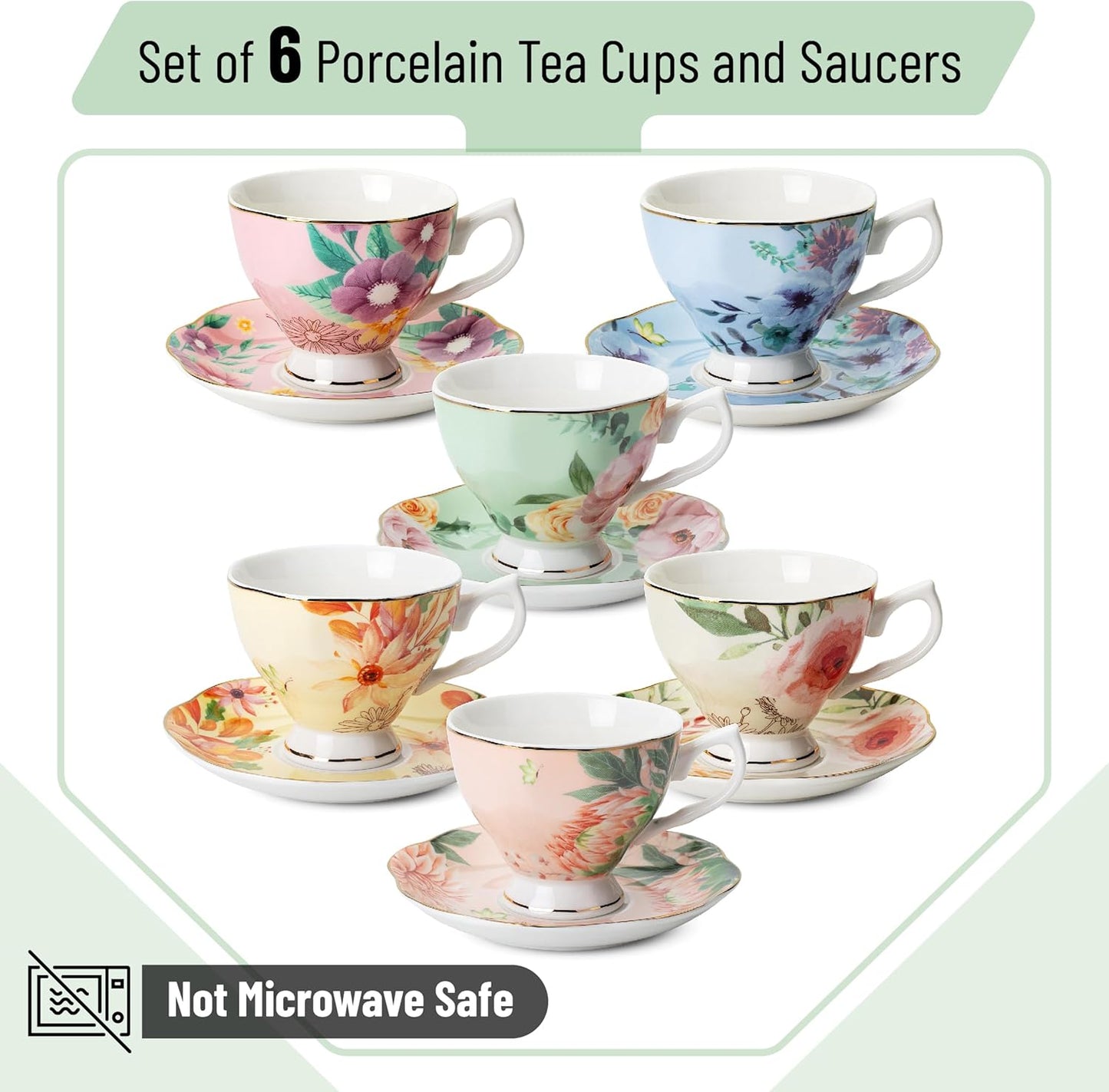 BTaT- Floral Tea Cups and Saucers Set of 6 (8 oz), Porcelain Tea Cups Set of 6, Pastel Flower Garden Design with Gold Trim, Dishwasher Safe