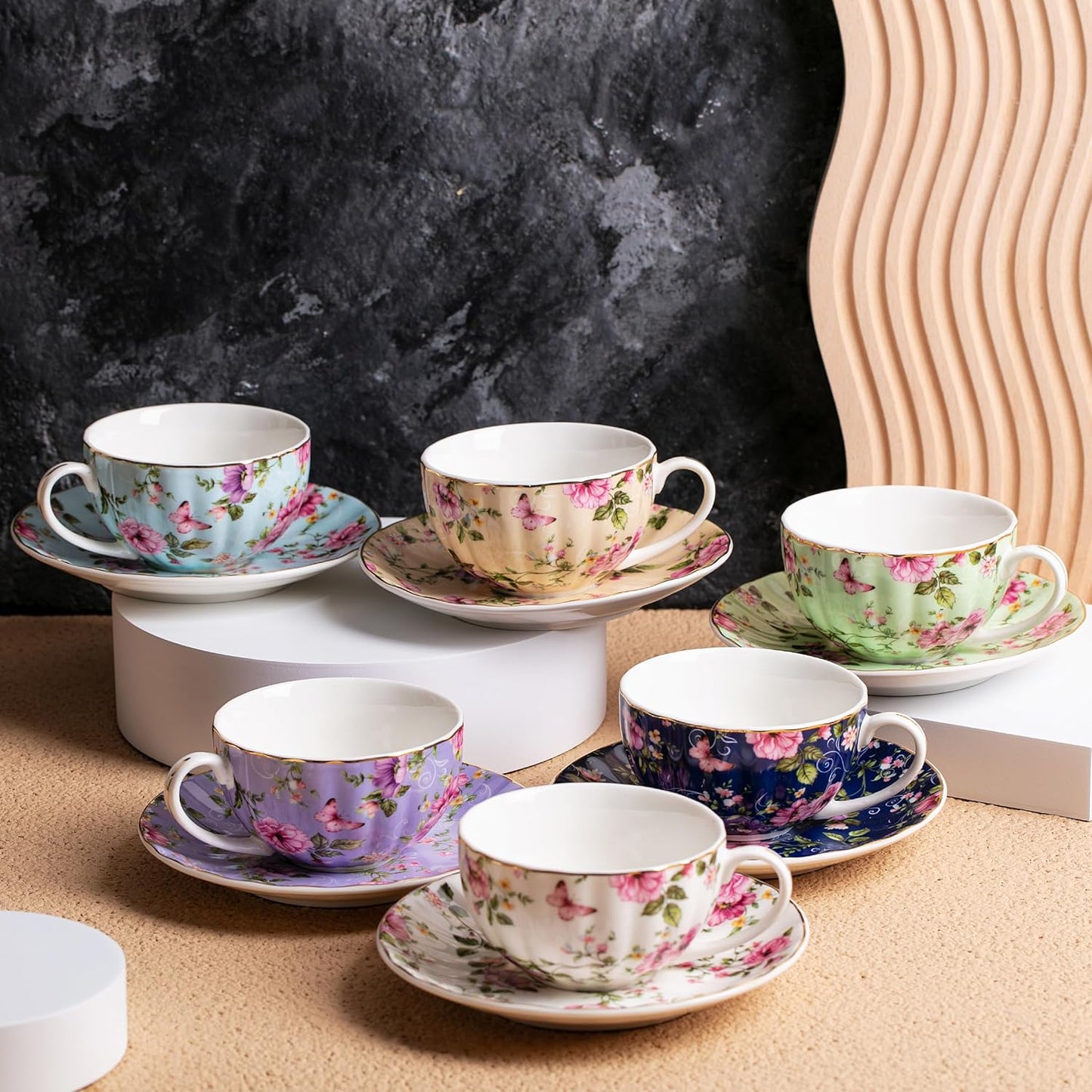BTaT- Floral Tea Cups and Saucers Set of 6 (7 oz), Porcelain Tea Cups Set of 6, Modern Midnight Floral Design with Gold Trim, Dishwasher & Freezer Safe