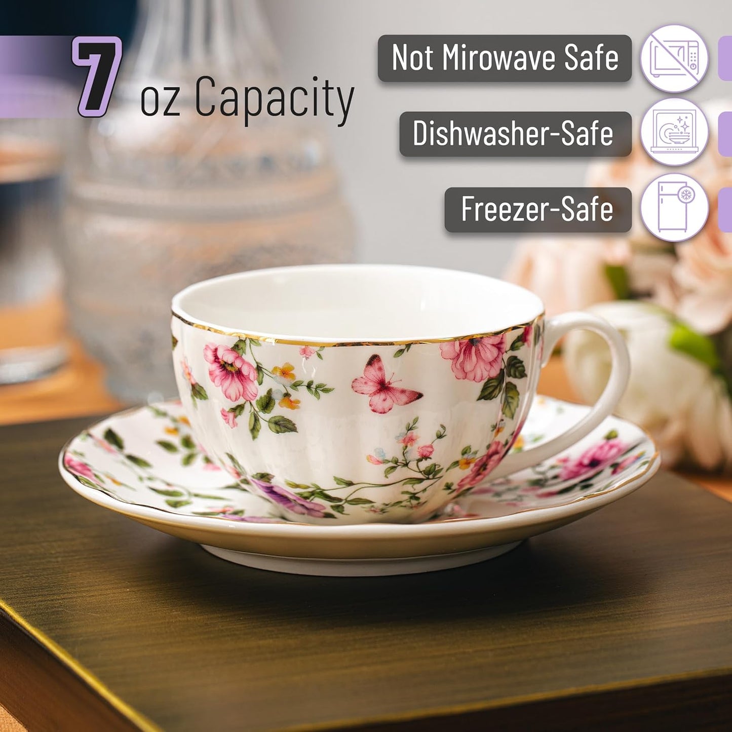 BTaT- Floral Tea Cups and Saucers Set of 6 (7 oz), Porcelain Tea Cups Set of 6, Modern Midnight Floral Design with Gold Trim, Dishwasher & Freezer Safe