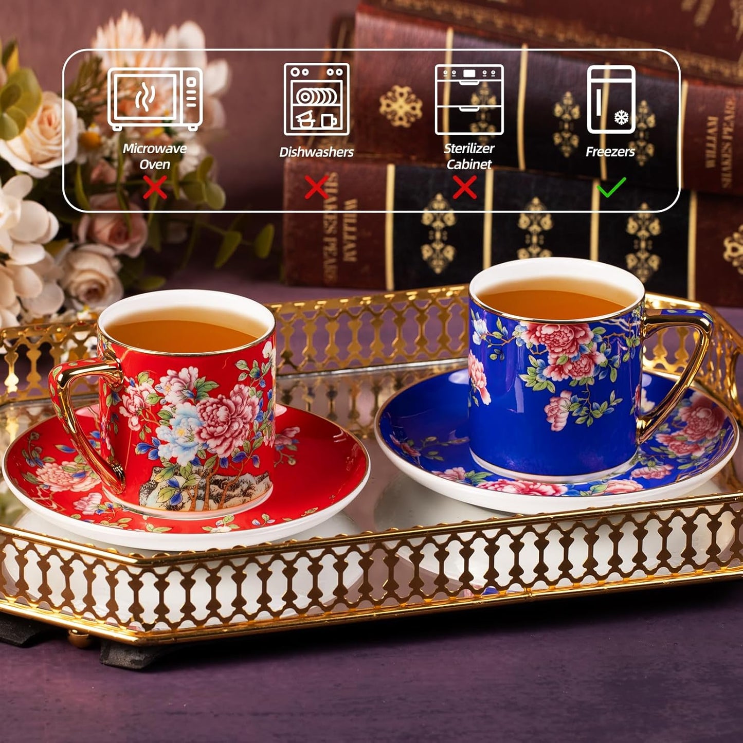 KAMMAK Tea Cups and Saucers Set of 2, Porcelain Coffee Cups with Saucer for Espresso, Cappuccino, 7.5oz Red and Blue Ceramic Demitasse Mug for Home, Tea Party, Office