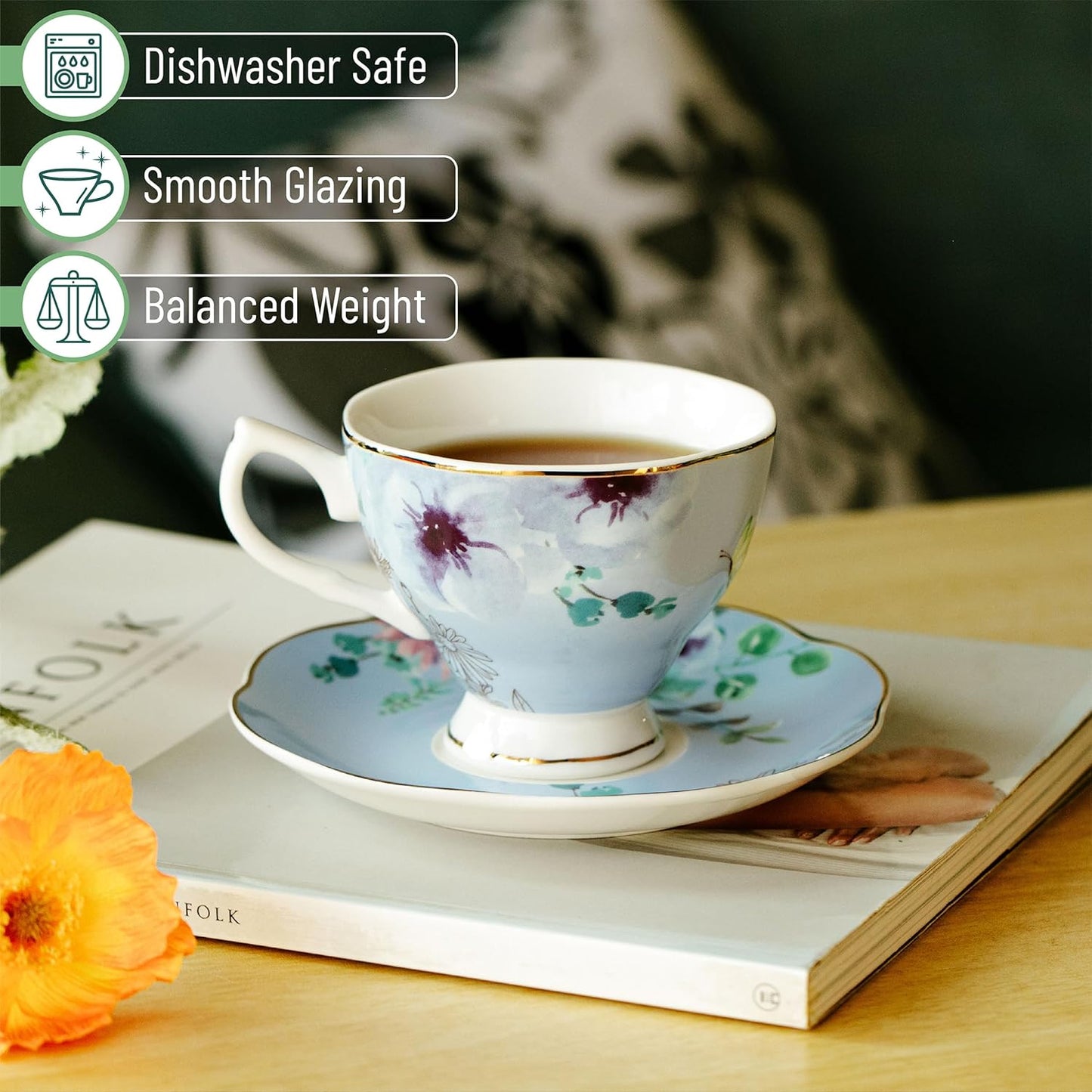BTaT- Floral Tea Cups and Saucers Set of 6 (8 oz), Porcelain Tea Cups Set of 6, Pastel Flower Garden Design with Gold Trim, Dishwasher Safe