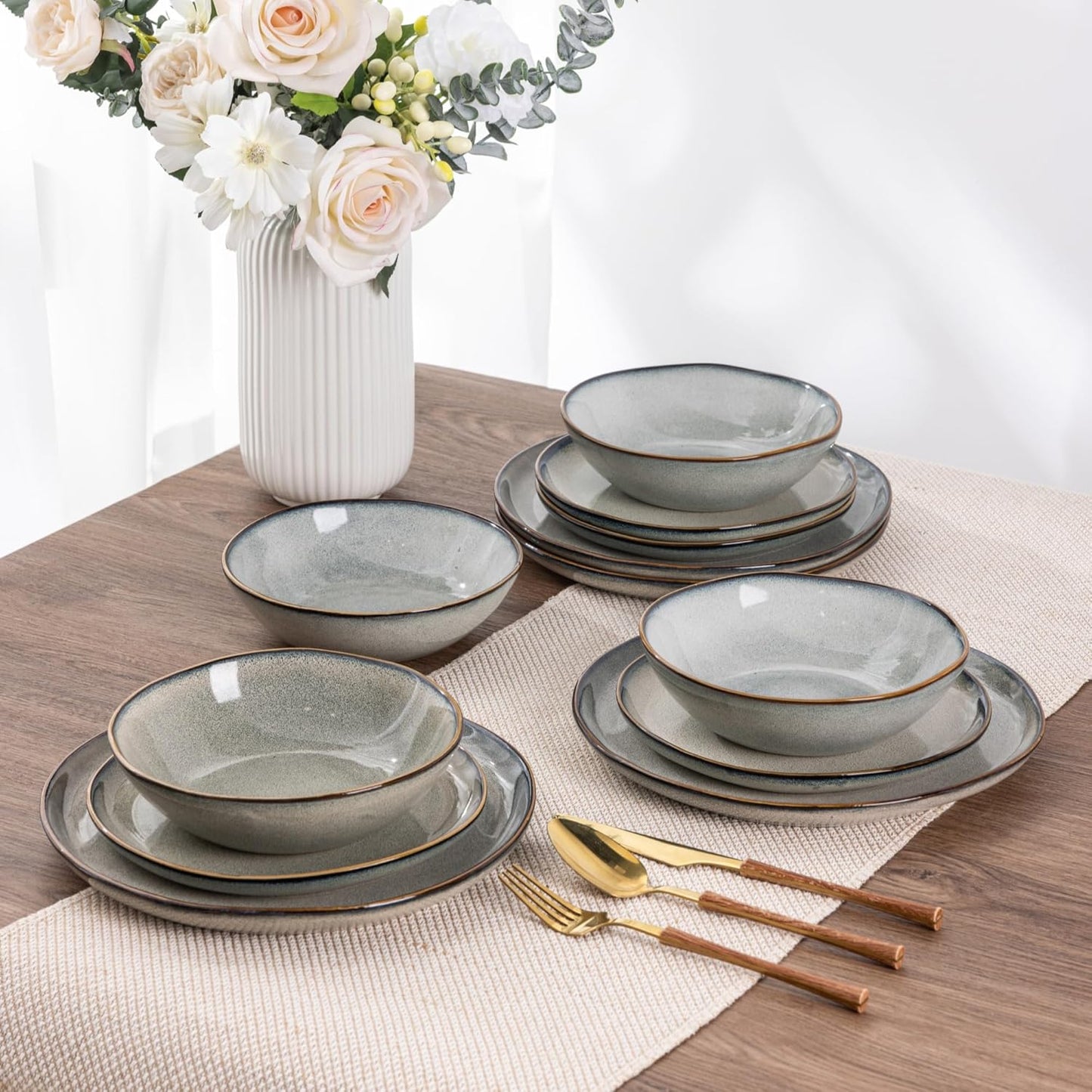 AmorArc Ceramic Dinnerware Sets,Handmade Reactive Glaze Stoneware Plates and Bowls Set,Highly Scratch Resistant | Dishwasher & Microwave Safe Dishes Set,Service for 12 (36Pcs)