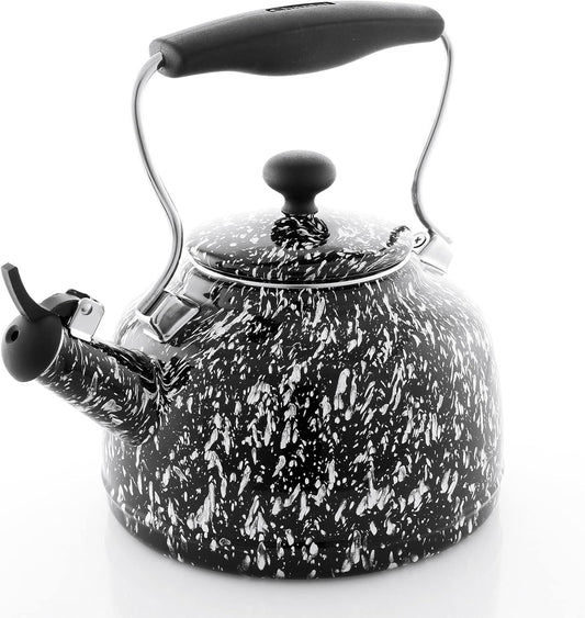 Chantal Tea Kettle, Vintage Series, Enamel on Steel, Whistling (Black Splatter on White)