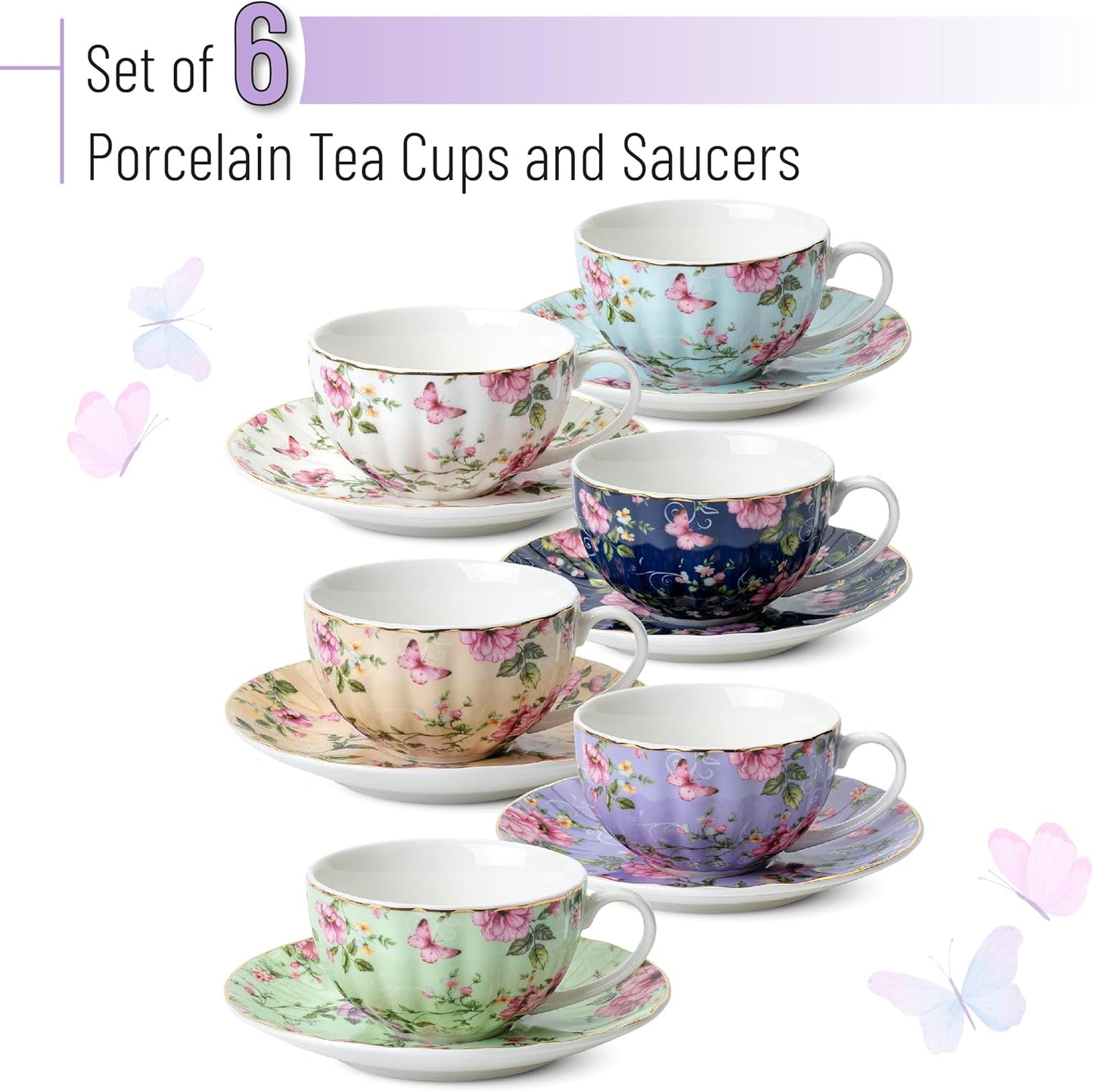 BTaT- Floral Tea Cups and Saucers Set of 6 (7 oz), Porcelain Tea Cups Set of 6, Modern Midnight Floral Design with Gold Trim, Dishwasher & Freezer Safe