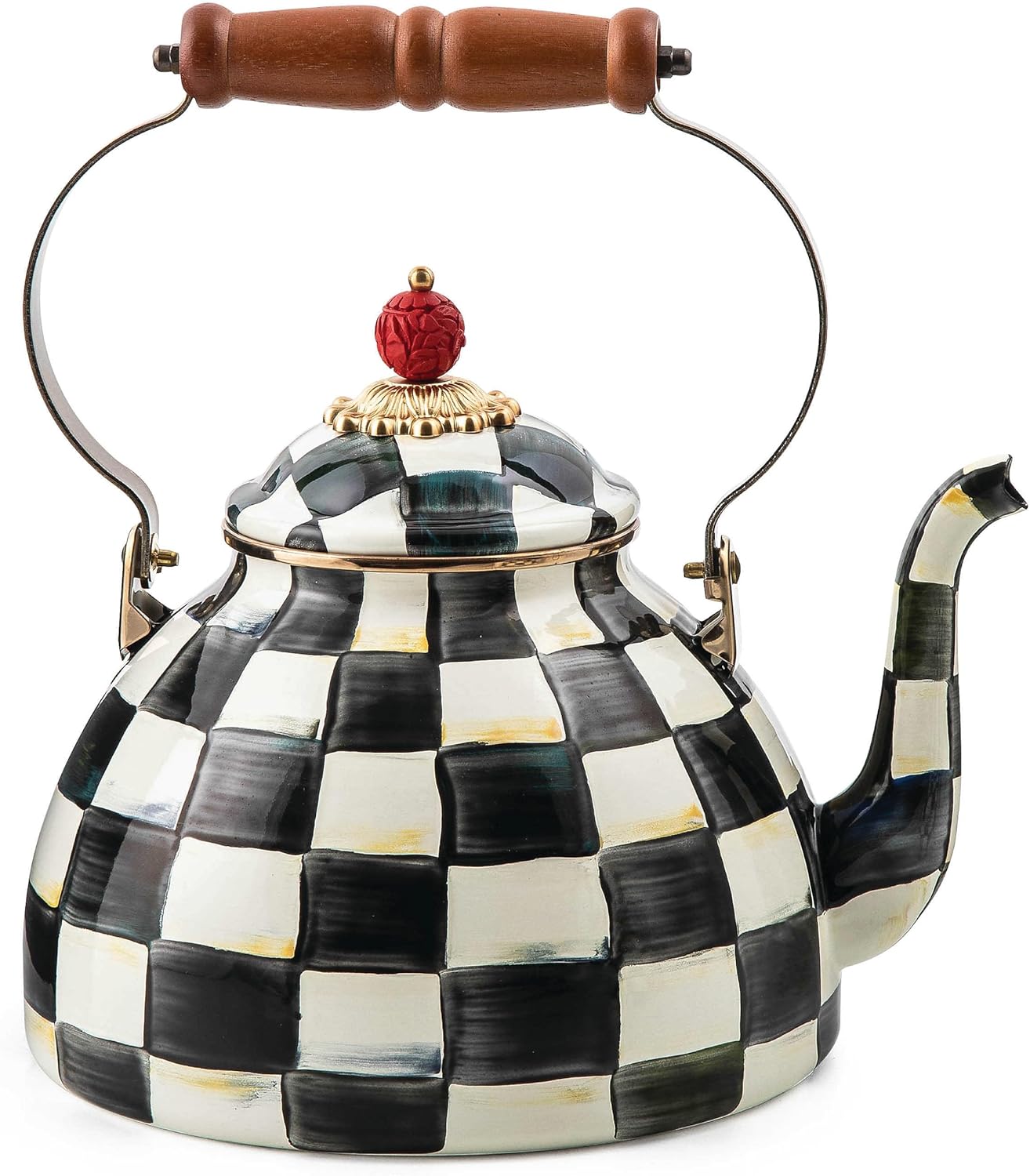 MACKENZIE-CHILDS Enamel Tea Kettle, Stylish Tea Kettle for Stovetop, Black-and-White Courtly Check, 2 Quarts