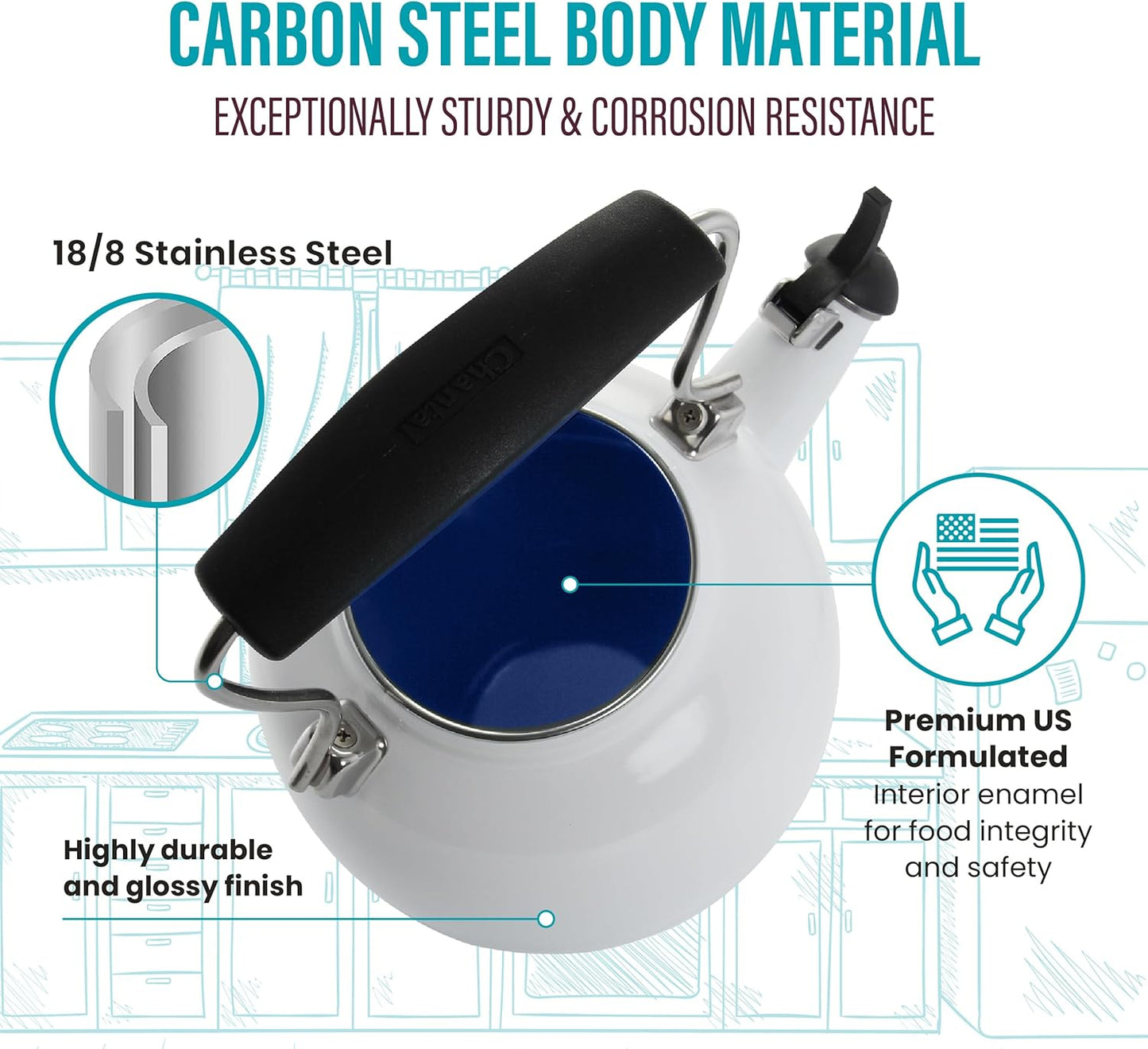 Chantal Tea Kettle, Vintage Series, Enamel on Steel, Whistling (Black Splatter on White)