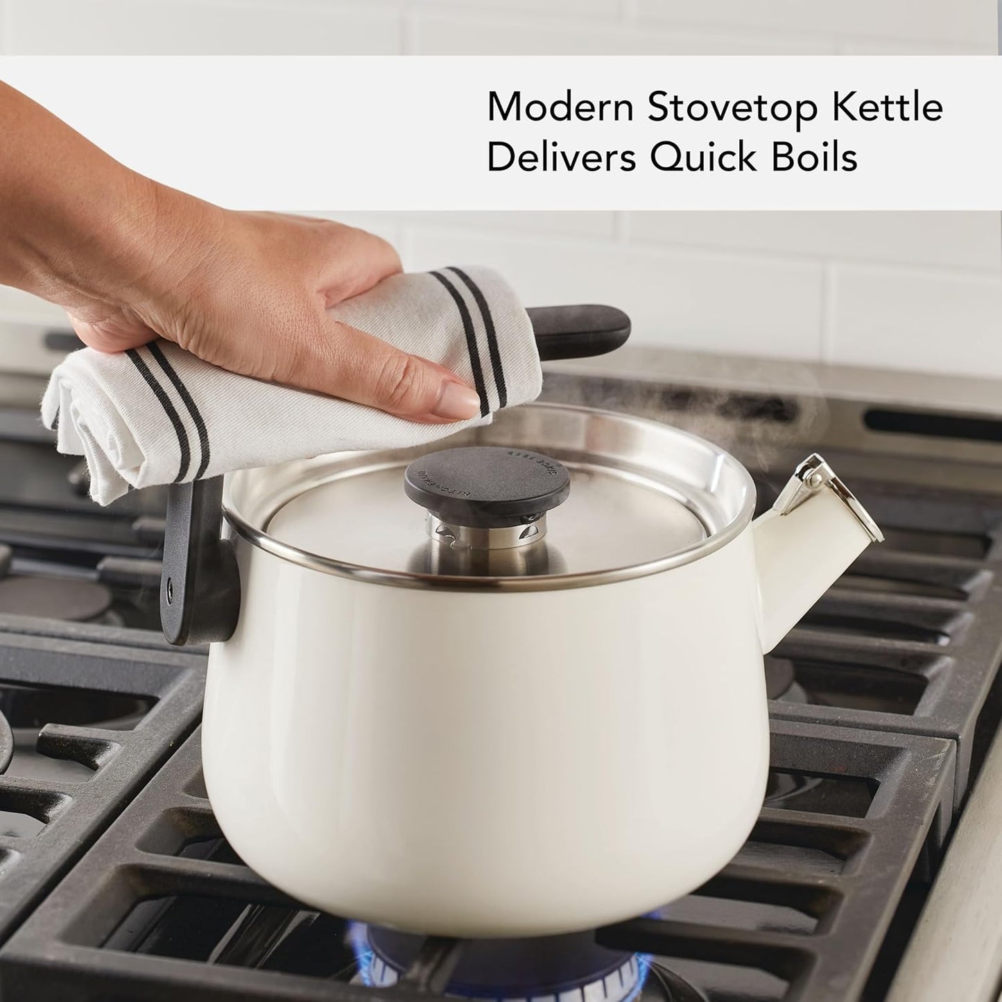 KitchenAid Teakettles Enamel-on-Steel Stovetop Whistling Teakettle, Induction Ready, Stainless steel Lid, 2 Quart - White