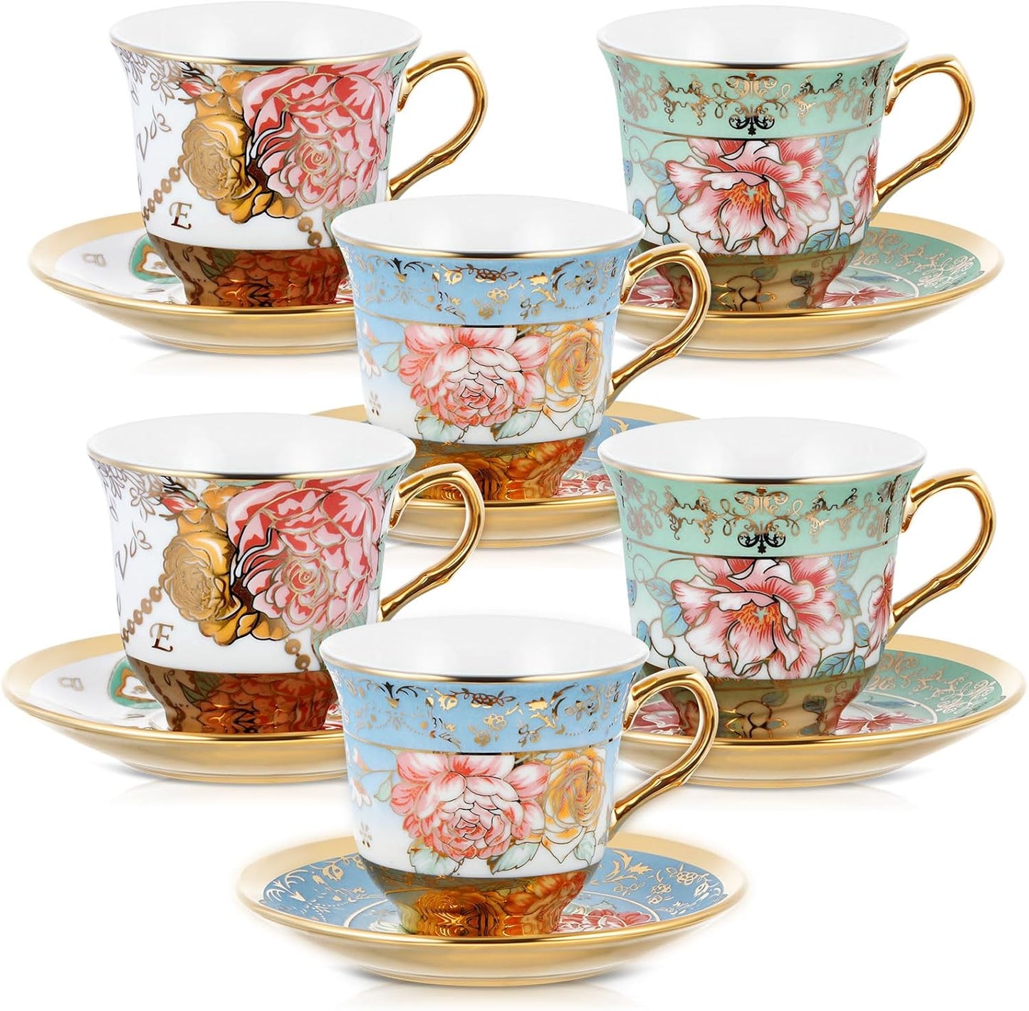 Set of 12 Tea Cups and Saucers Tea Party Decorations Floral Porcelain 5.4 oz British Gift for Women Birthday Party, Church, and Mother's Day (Classic Style)