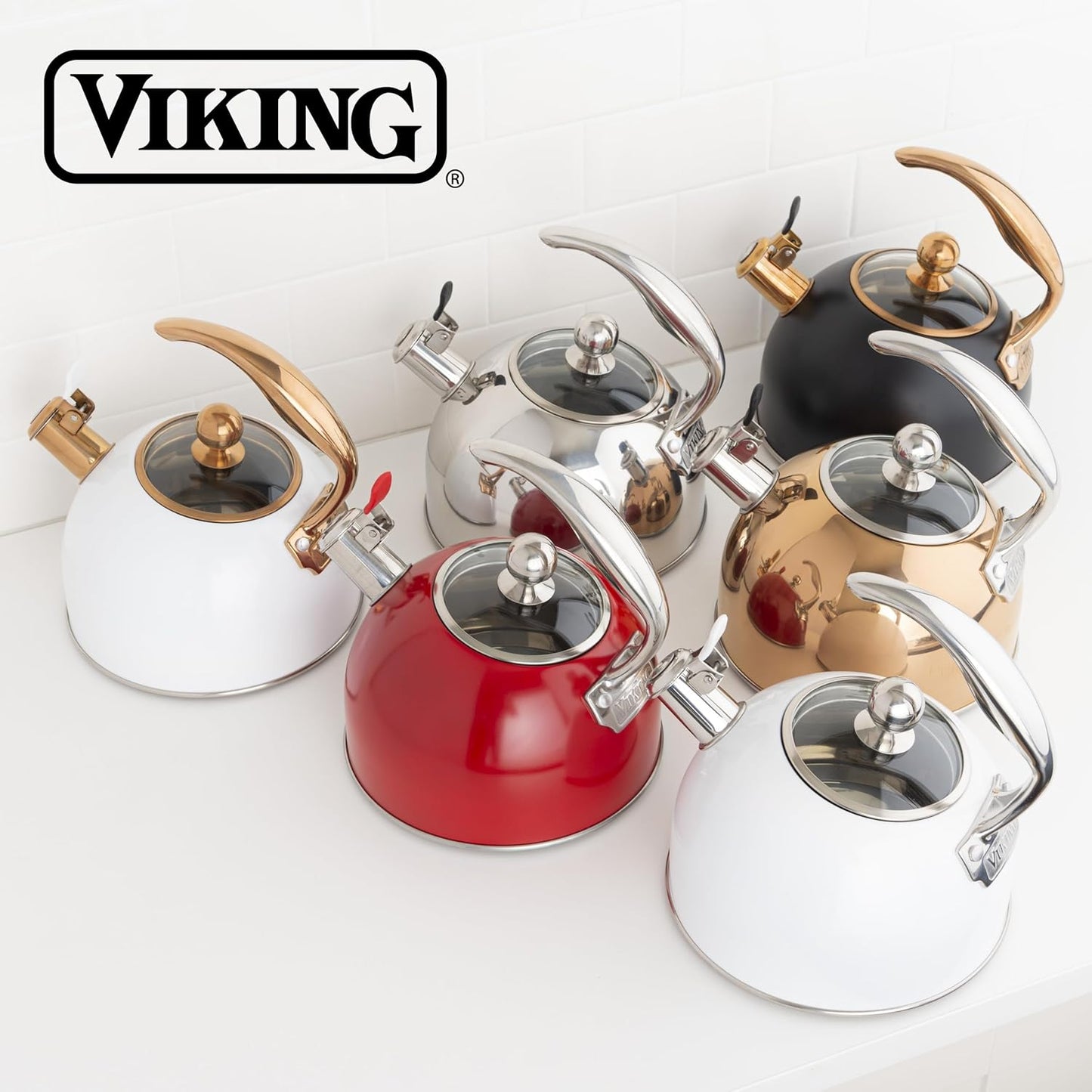 Viking 3-Ply Stainless Steel Tea Kettle, 2.6 Quart, Whistling Hot Water Tea Pot for Stovetop, Tempered Glass Lid and Ergonomic Handle, Induction Ready, Red