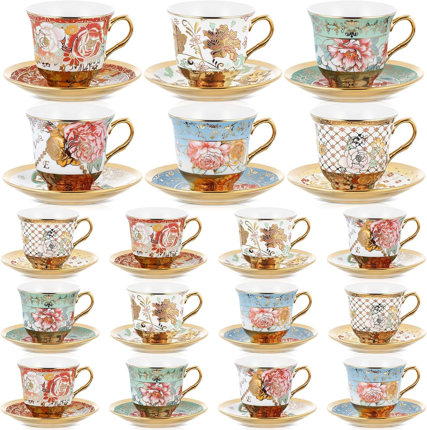 Set of 12 Tea Cups and Saucers Tea Party Decorations Floral Porcelain 5.4 oz British Gift for Women Birthday Party, Church, and Mother's Day (Classic Style)