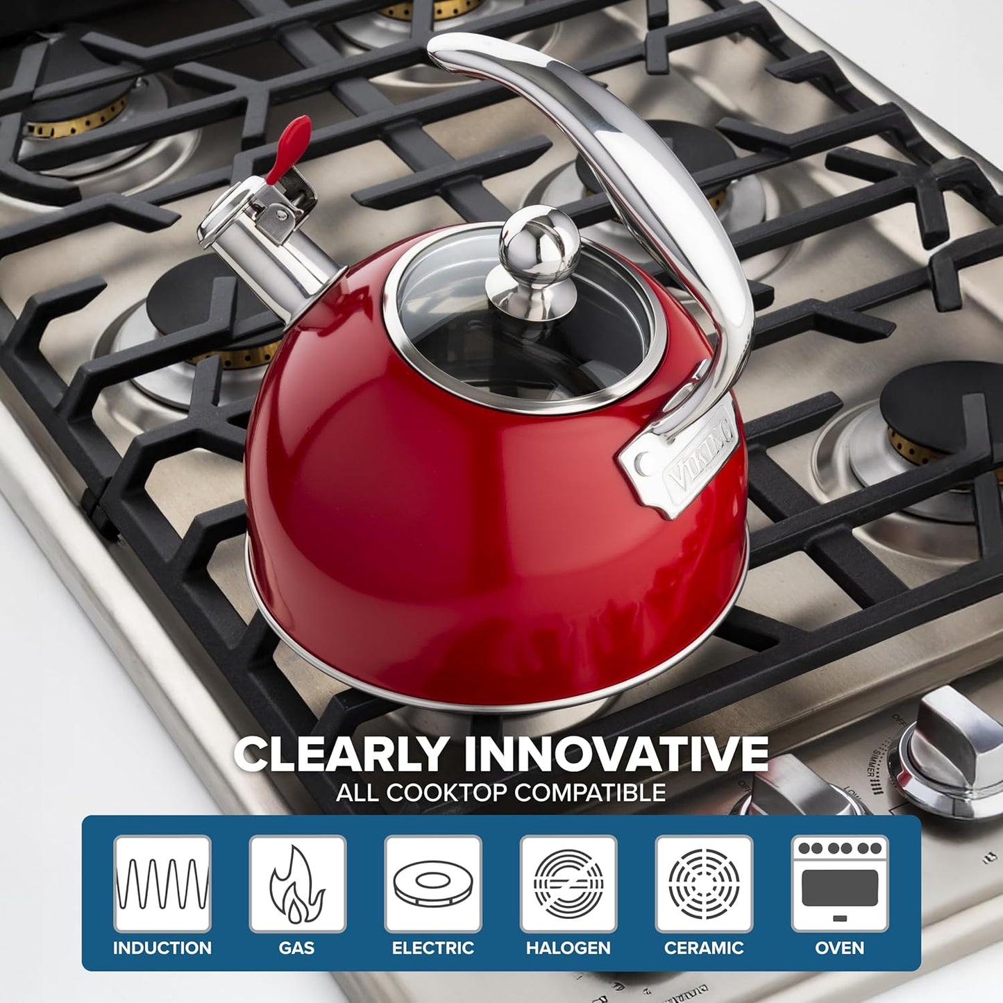 Viking 3-Ply Stainless Steel Tea Kettle, 2.6 Quart, Whistling Hot Water Tea Pot for Stovetop, Tempered Glass Lid and Ergonomic Handle, Induction Ready, Red
