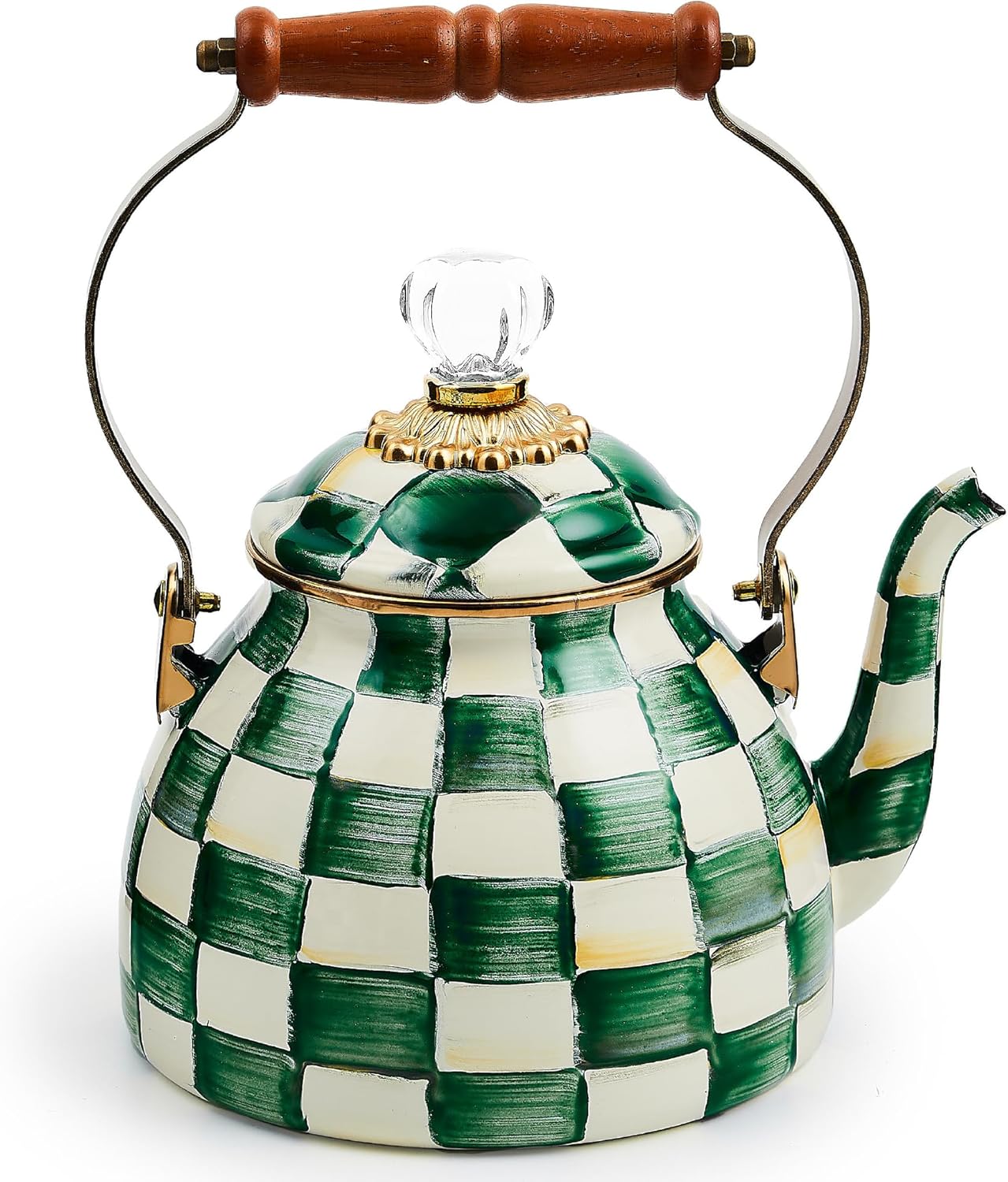 MACKENZIE-CHILDS Enamel Tea Kettle, Stylish Tea Kettle for Stovetop, Black-and-White Courtly Check, 2 Quarts