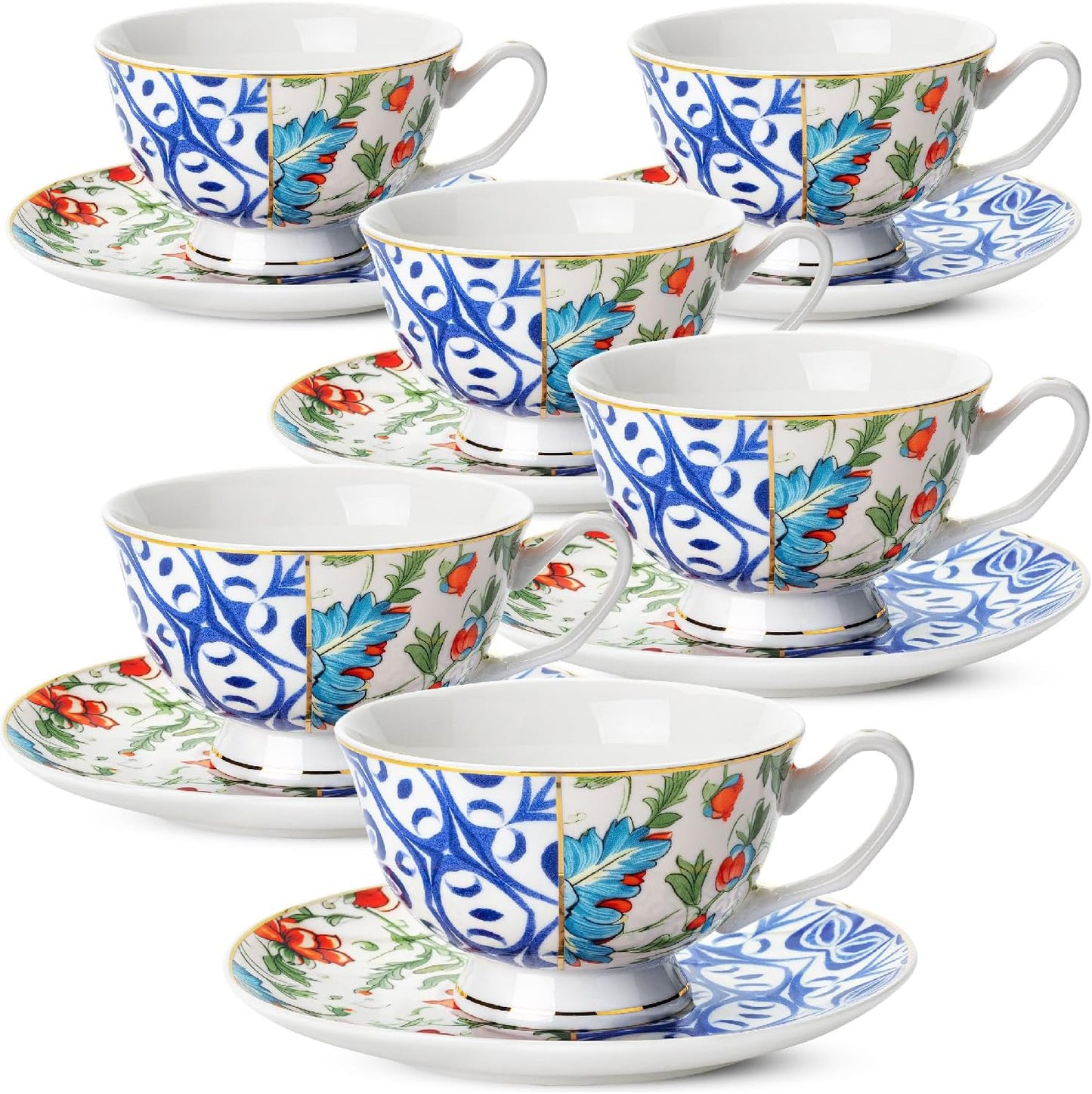 BTaT- Floral Tea Cups and Saucers Set of 6 (8 oz), Porcelain Tea Cups Set of 6, Pastel Flower Garden Design with Gold Trim, Dishwasher Safe