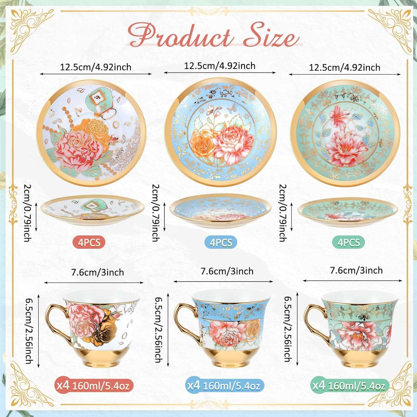 Set of 12 Tea Cups and Saucers Tea Party Decorations Floral Porcelain 5.4 oz British Gift for Women Birthday Party, Church, and Mother's Day (Classic Style)