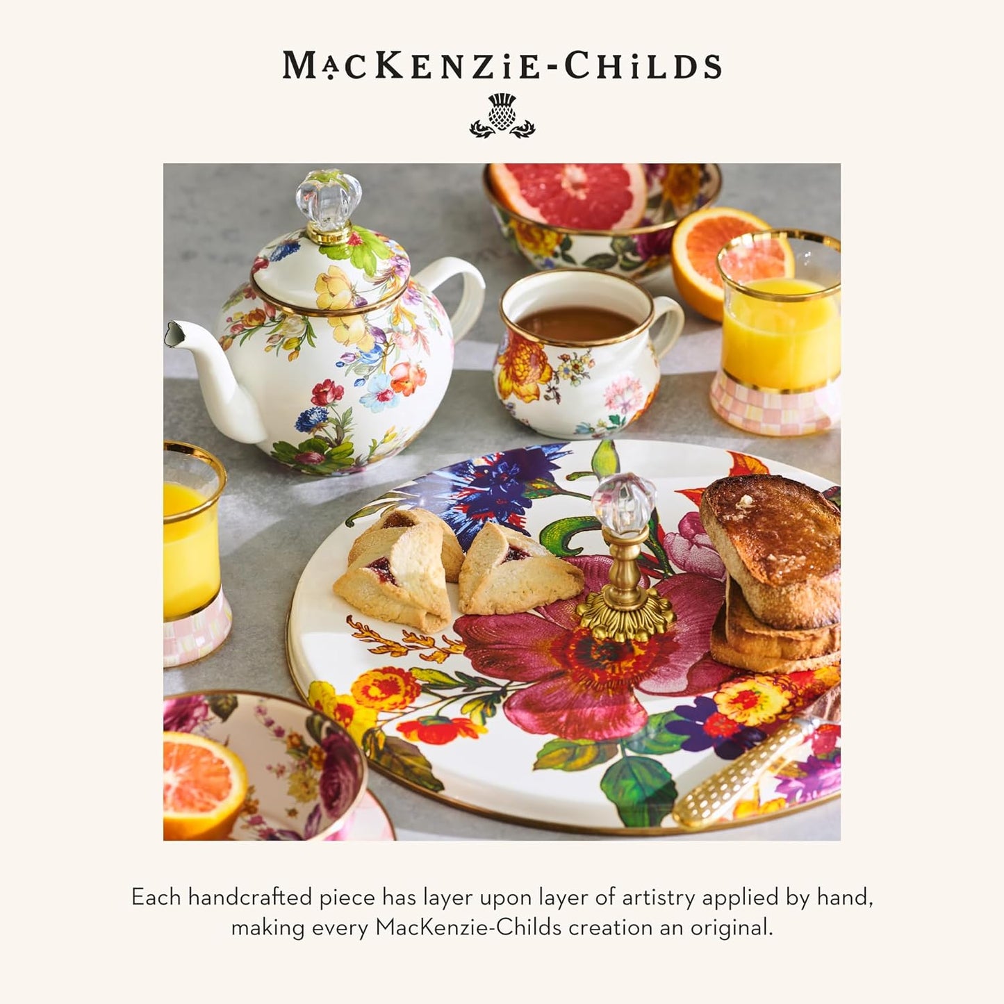 MACKENZIE-CHILDS Enamel Tea Kettle, Cute Kitchen Kettle for Stovetop, 3-Quart Capacity, White Flower Market with Bird Topper