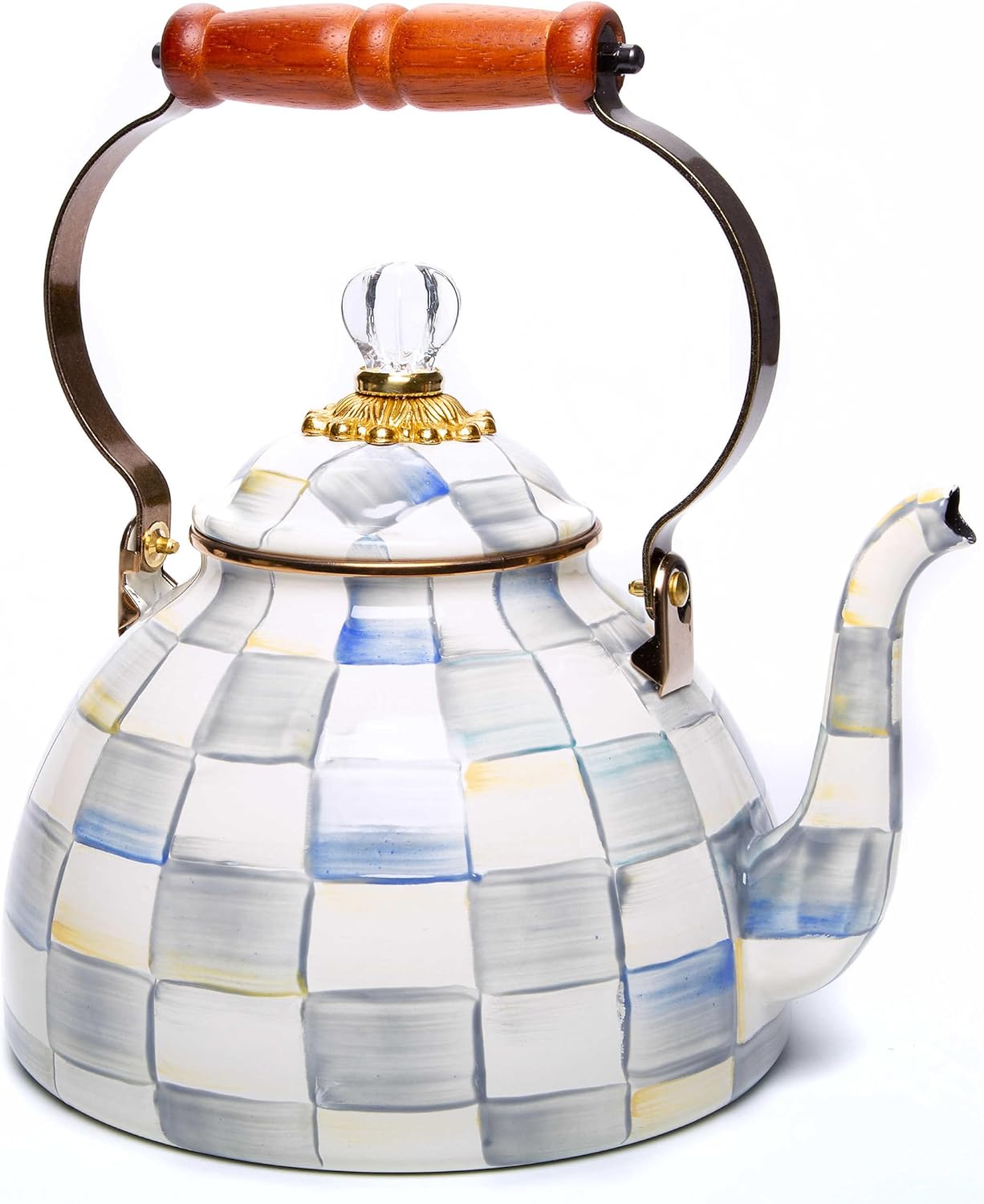 MACKENZIE-CHILDS Enamel Tea Kettle, Stylish Tea Kettle for Stovetop, Black-and-White Courtly Check, 2 Quarts
