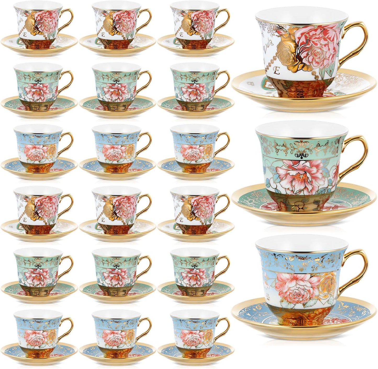 Set of 12 Tea Cups and Saucers Tea Party Decorations Floral Porcelain 5.4 oz British Gift for Women Birthday Party, Church, and Mother's Day (Classic Style)