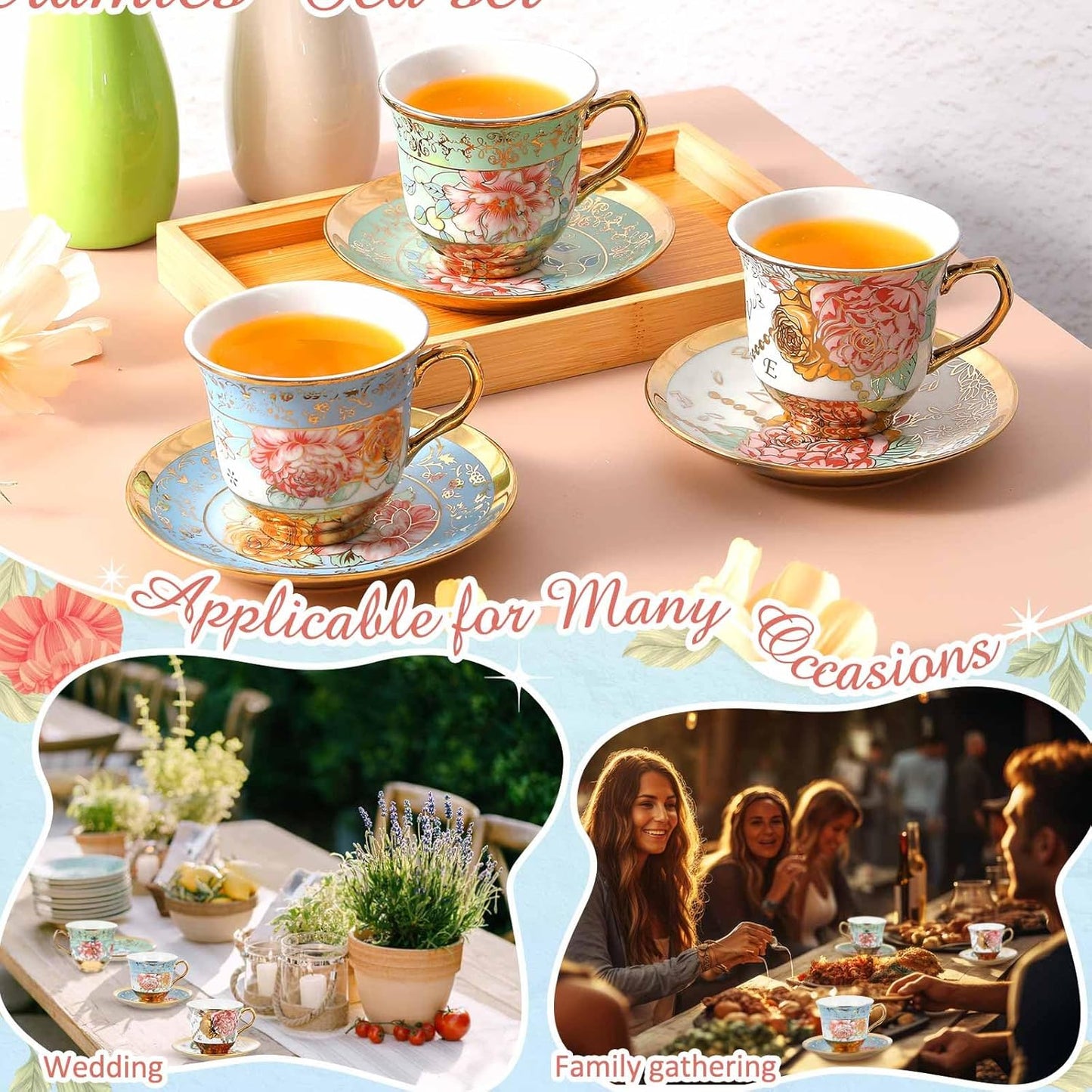 Set of 12 Tea Cups and Saucers Tea Party Decorations Floral Porcelain 5.4 oz British Gift for Women Birthday Party, Church, and Mother's Day (Classic Style)