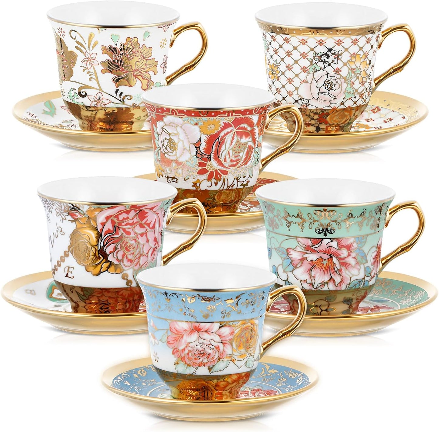 Set of 12 Tea Cups and Saucers Tea Party Decorations Floral Porcelain 5.4 oz British Gift for Women Birthday Party, Church, and Mother's Day (Classic Style)