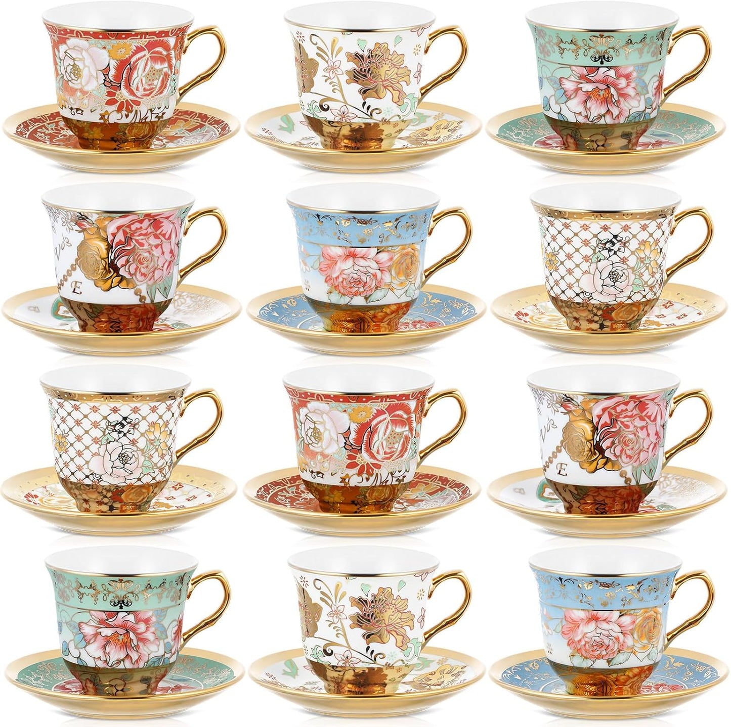 Set of 12 Tea Cups and Saucers Tea Party Decorations Floral Porcelain 5.4 oz British Gift for Women Birthday Party, Church, and Mother's Day (Classic Style)