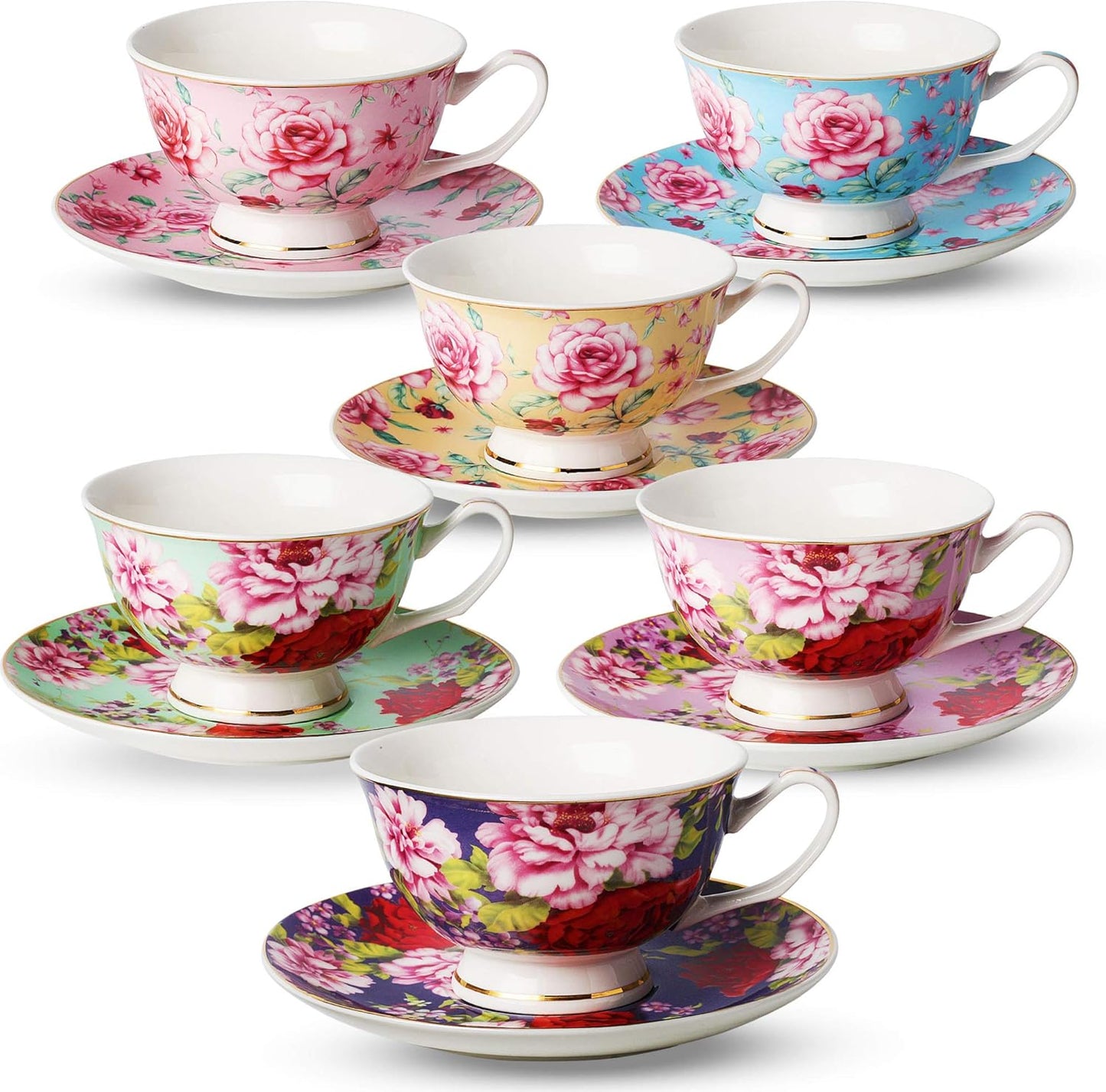 BTaT- Floral Tea Cups and Saucers Set of 6 (8 oz), Porcelain Tea Cups Set of 6, Pastel Flower Garden Design with Gold Trim, Dishwasher Safe